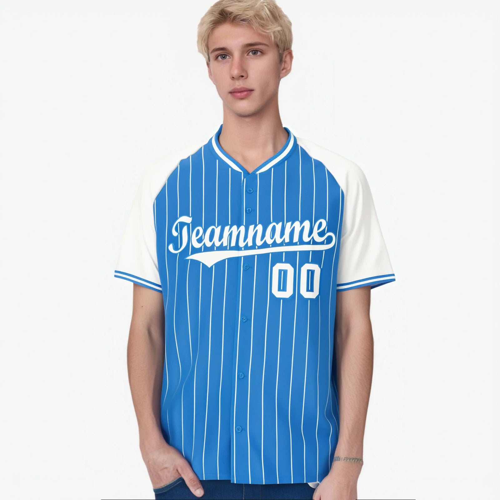 Custom Powder Blue-White Pinstripe Authentic Raglan Sleeves Baseball Jersey