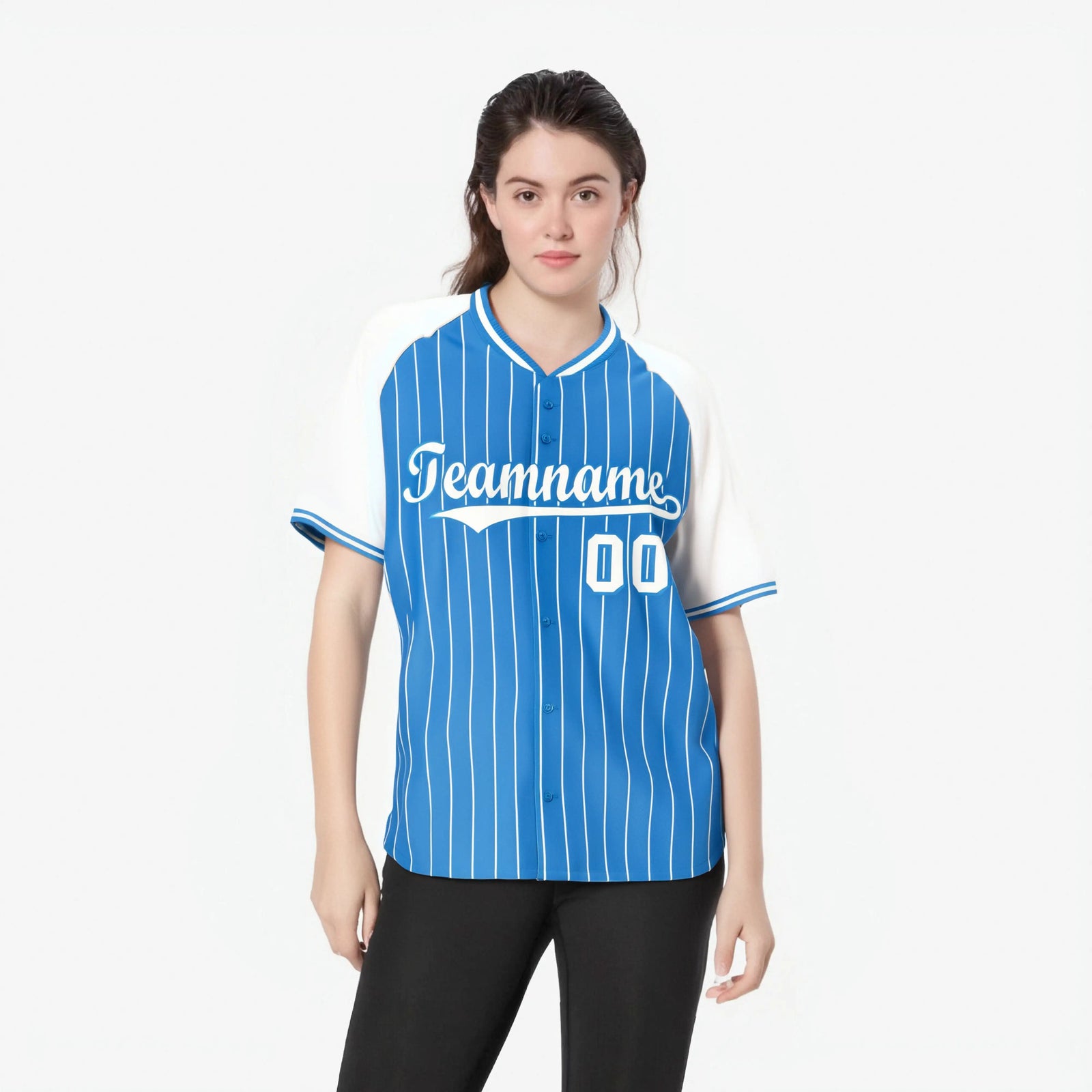 Custom Powder Blue-White Pinstripe Authentic Raglan Sleeves Baseball Jersey
