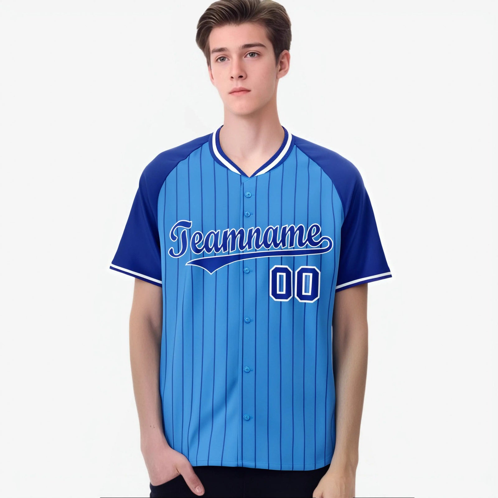 Custom Powder Blue-Royal Blue Pinstripe Authentic Raglan Sleeves Baseball Jersey