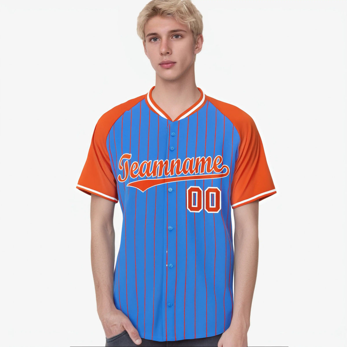 Custom Blue Orange Pinstripe Orange-Blue Authentic Raglan Sleeves Baseball Jersey