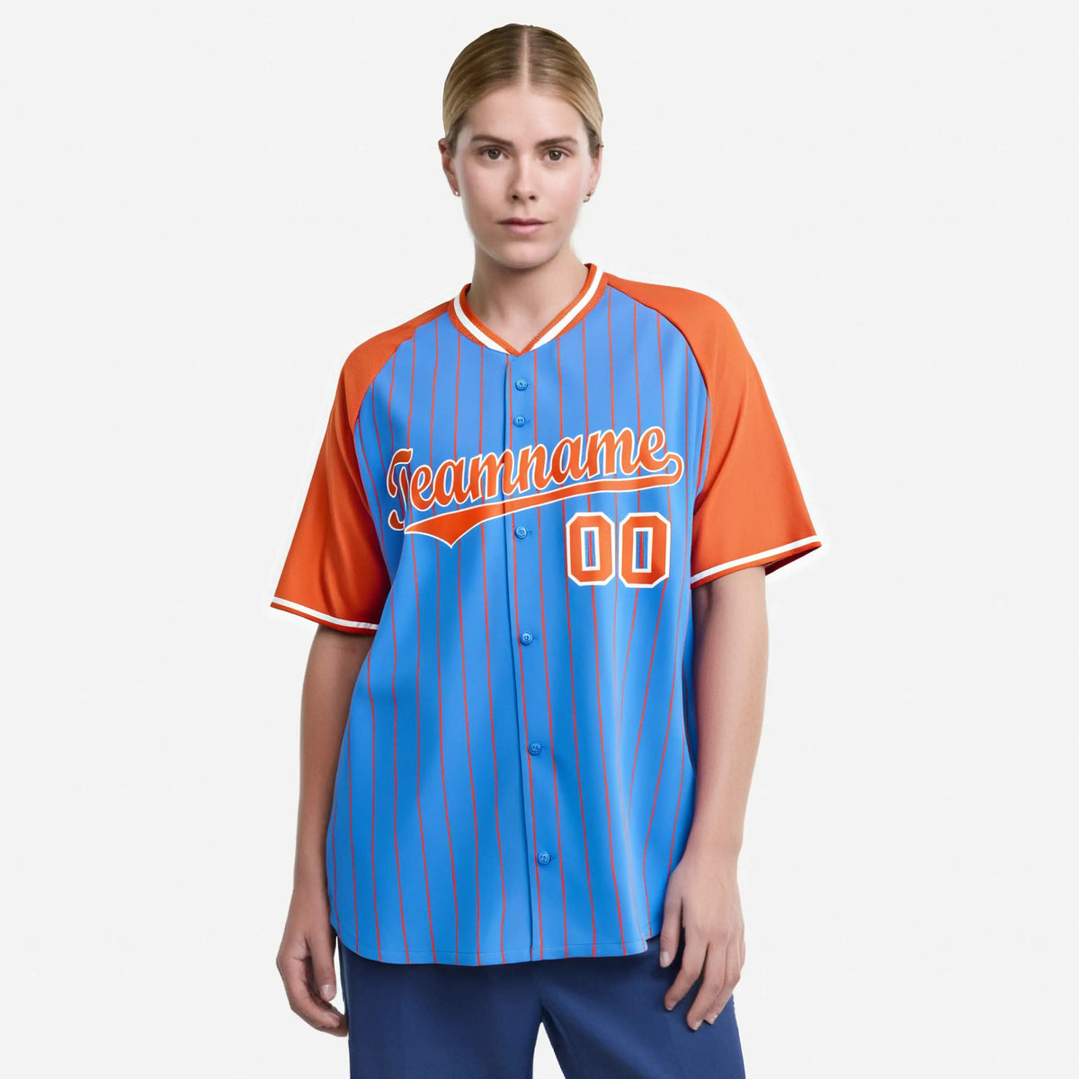Custom Blue Orange Pinstripe Orange-Blue Authentic Raglan Sleeves Baseball Jersey