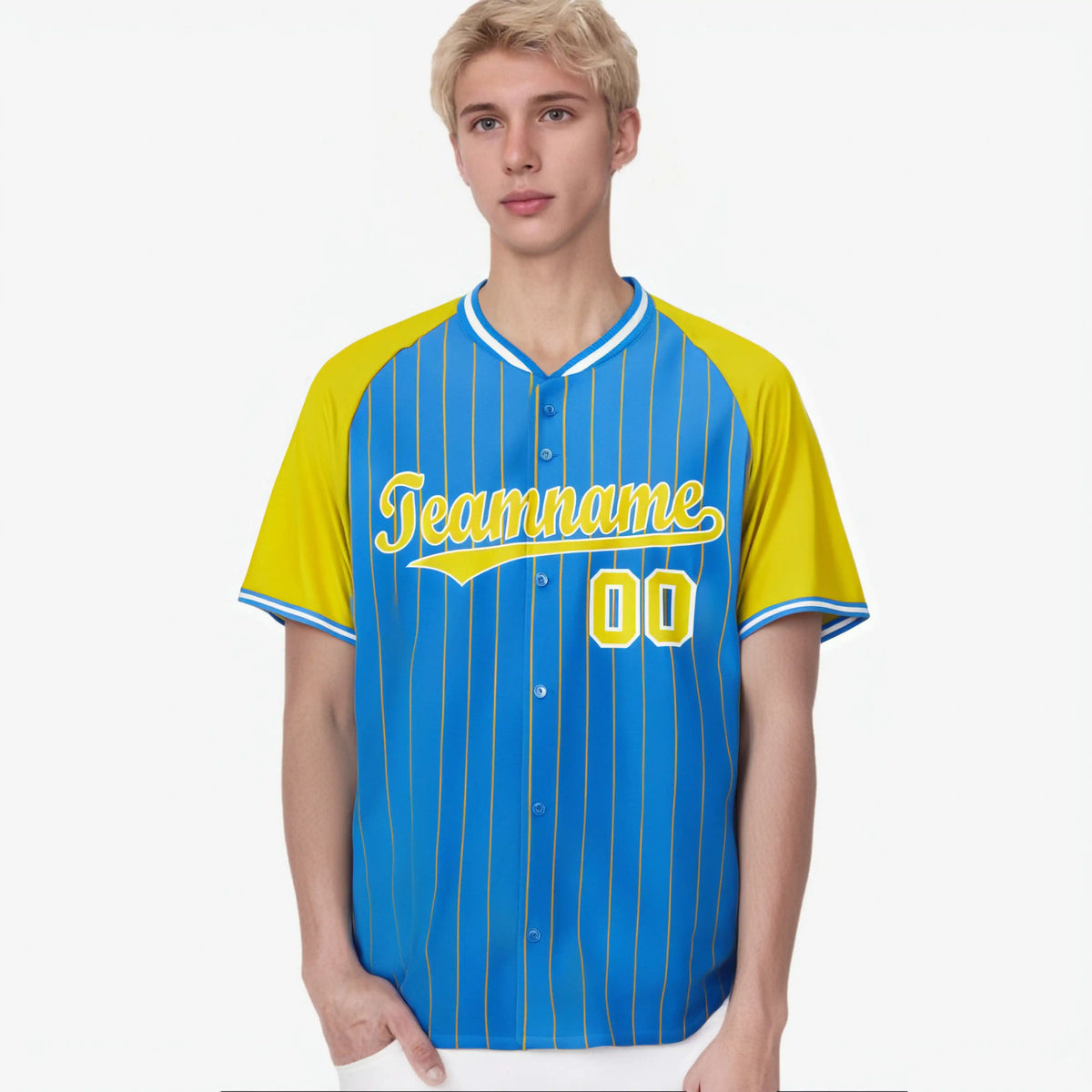 Custom Blue Yellow Pinstripe Yellow-Blue Authentic Raglan Sleeves Baseball Jersey