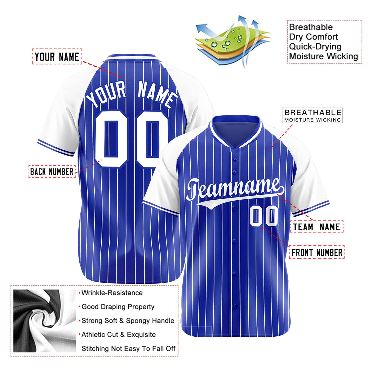 Custom Royal Blue-White Pinstripe Authentic Raglan Sleeves Baseball Jersey