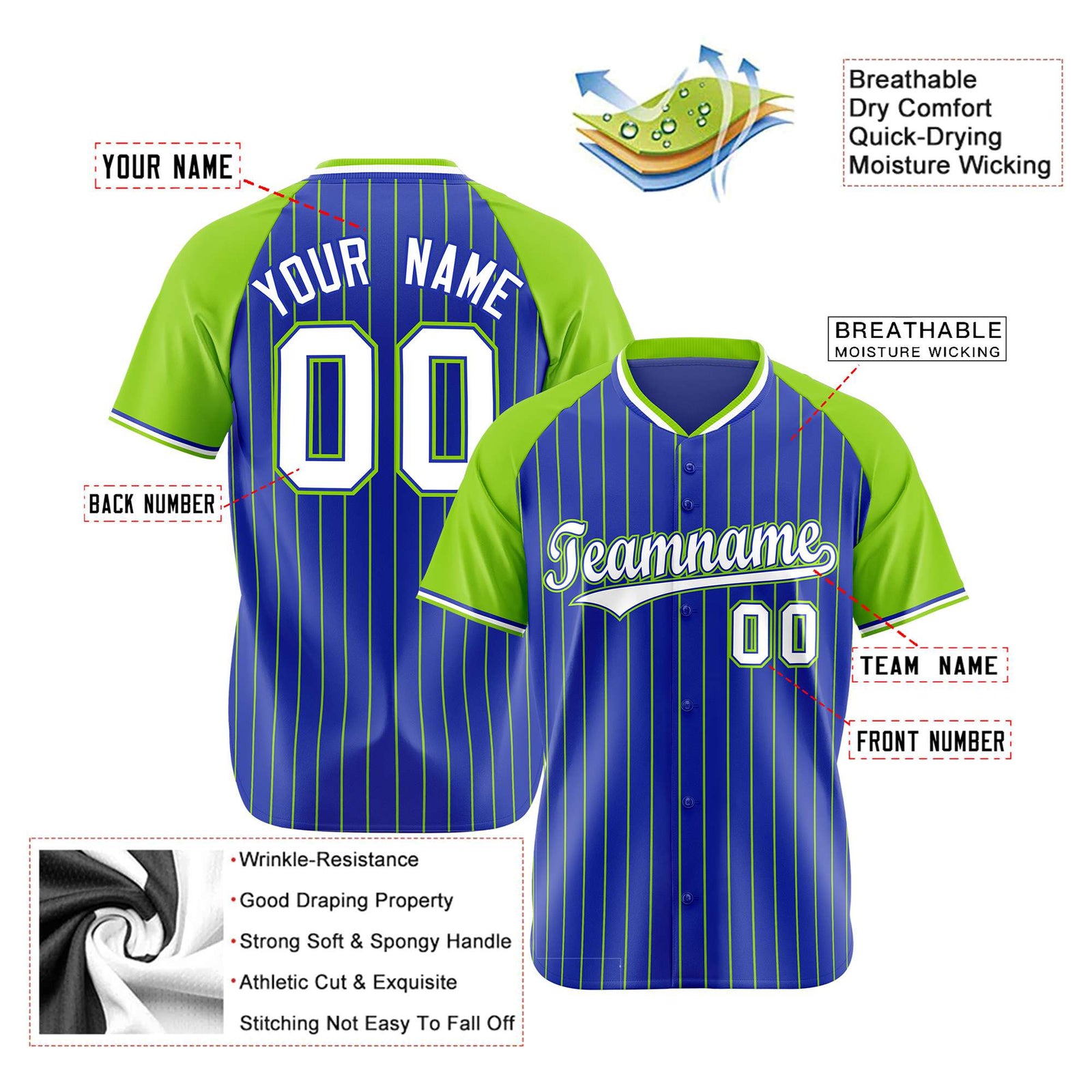 Custom Royal Blue-Green Pinstripe Authentic Raglan Sleeves Baseball Jersey