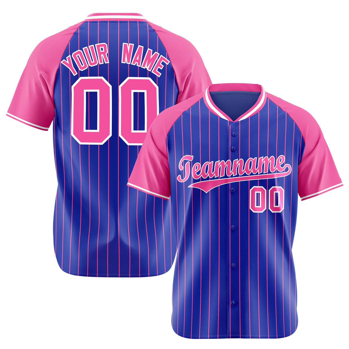 Custom Royal Blue-Pink Pinstripe Authentic Raglan Sleeves Baseball Jersey