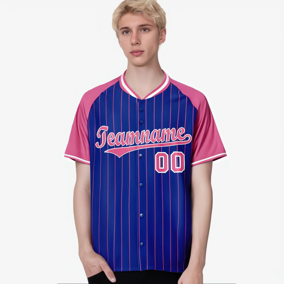 Custom Royal Blue-Pink Pinstripe Authentic Raglan Sleeves Baseball Jersey