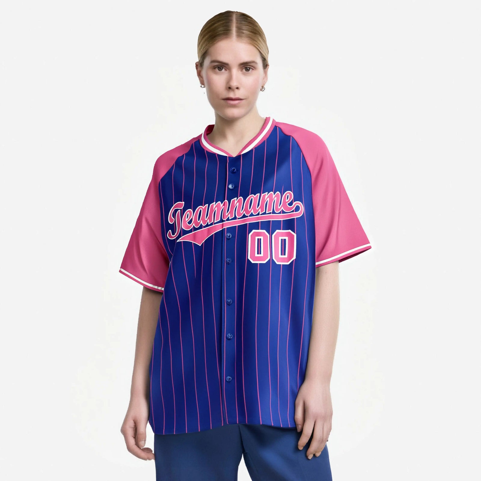 Custom Royal Blue-Pink Pinstripe Authentic Raglan Sleeves Baseball Jersey