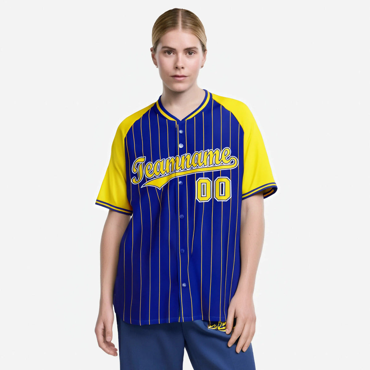 Custom Royal Blue-Gold Pinstripe Authentic Raglan Sleeves Baseball Jersey