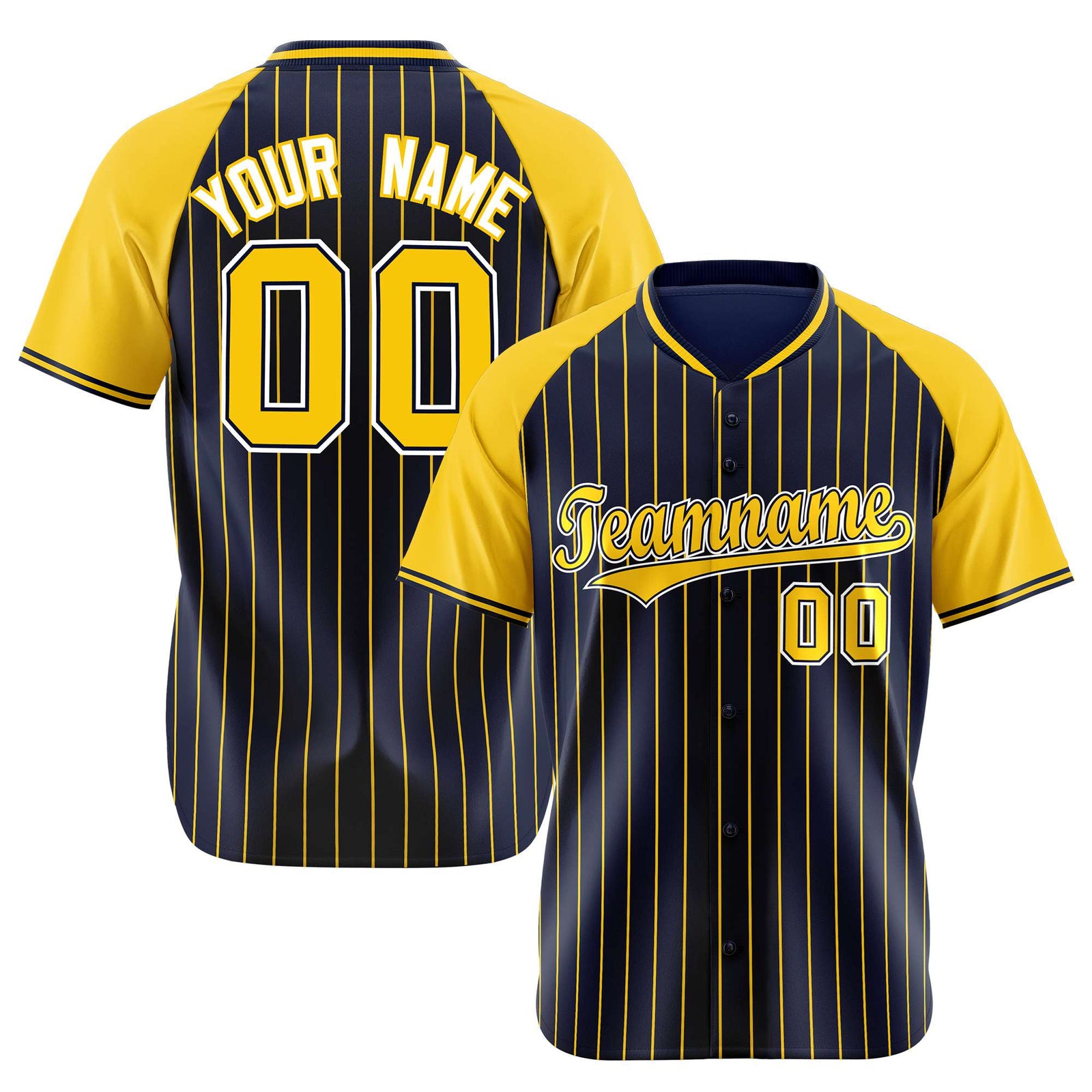 Custom Navy Yellow Pinstripe Yellow-Navy Authentic Raglan Sleeves Baseball Jersey
