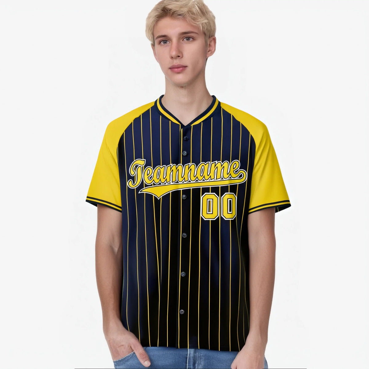Custom Navy Yellow Pinstripe Yellow-Navy Authentic Raglan Sleeves Baseball Jersey