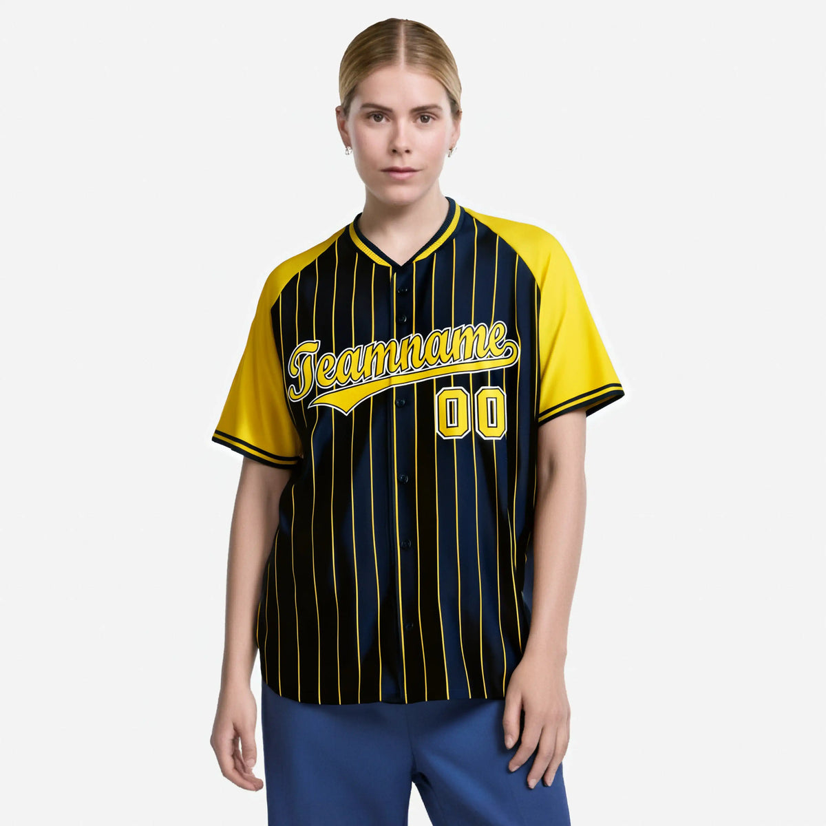 Custom Navy Yellow Pinstripe Yellow-Navy Authentic Raglan Sleeves Baseball Jersey