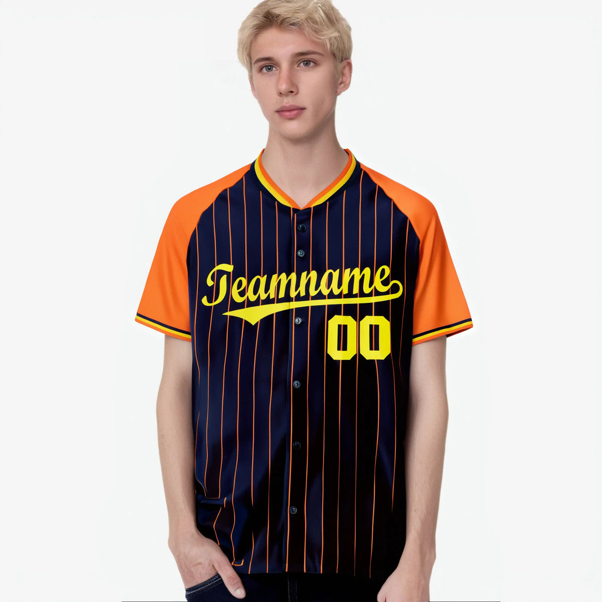Custom Navy Orange Pinstripe Orange-Navy Authentic Raglan Sleeves Baseball Jersey