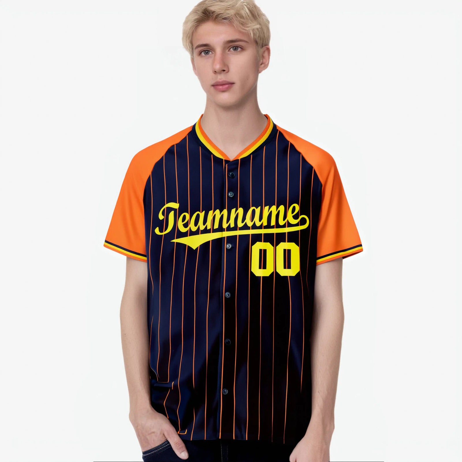 Custom Navy Orange Pinstripe Orange-Navy Authentic Raglan Sleeves Baseball Jersey