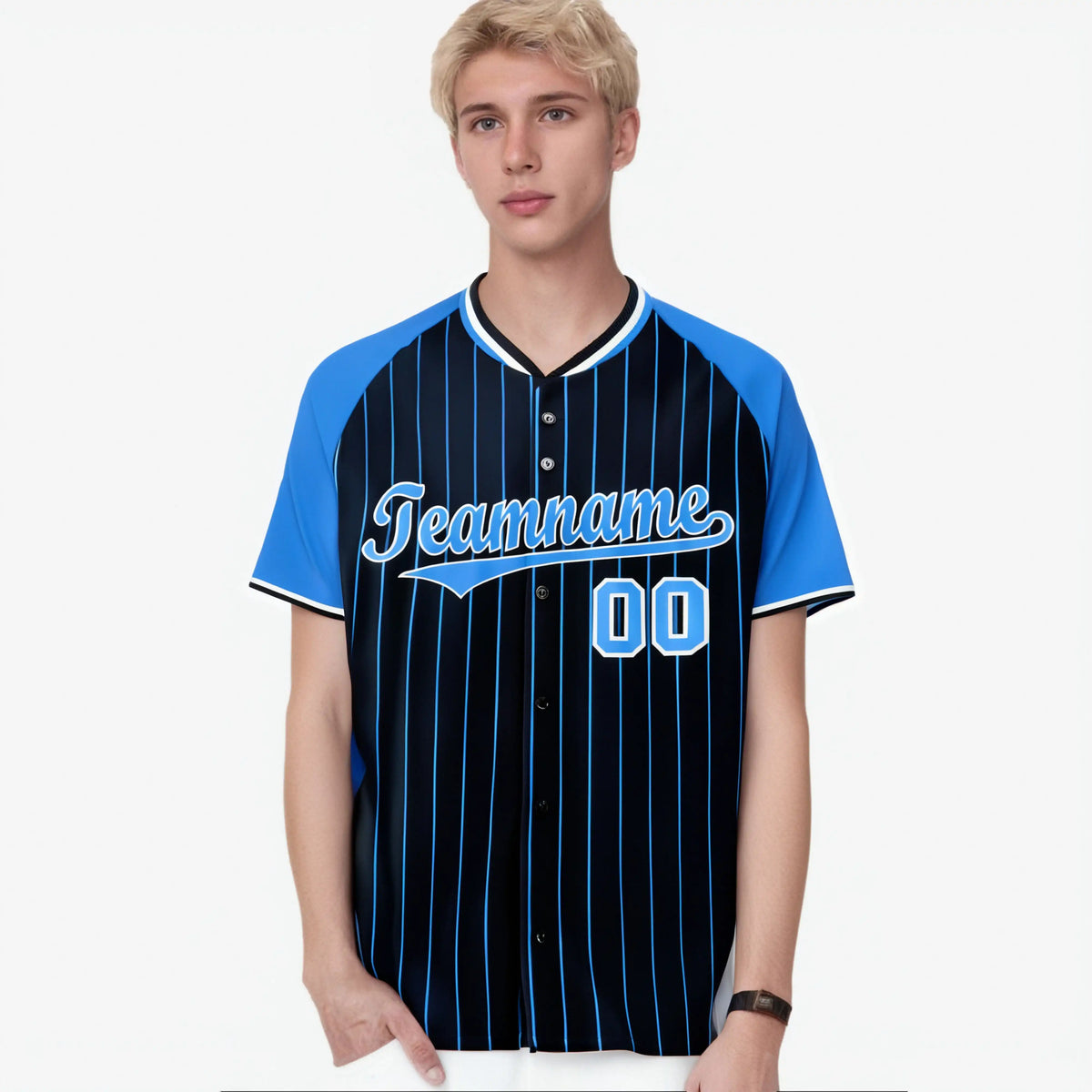Custom Navy-Light Blue Pinstripe Authentic Raglan Sleeves Baseball Jersey
