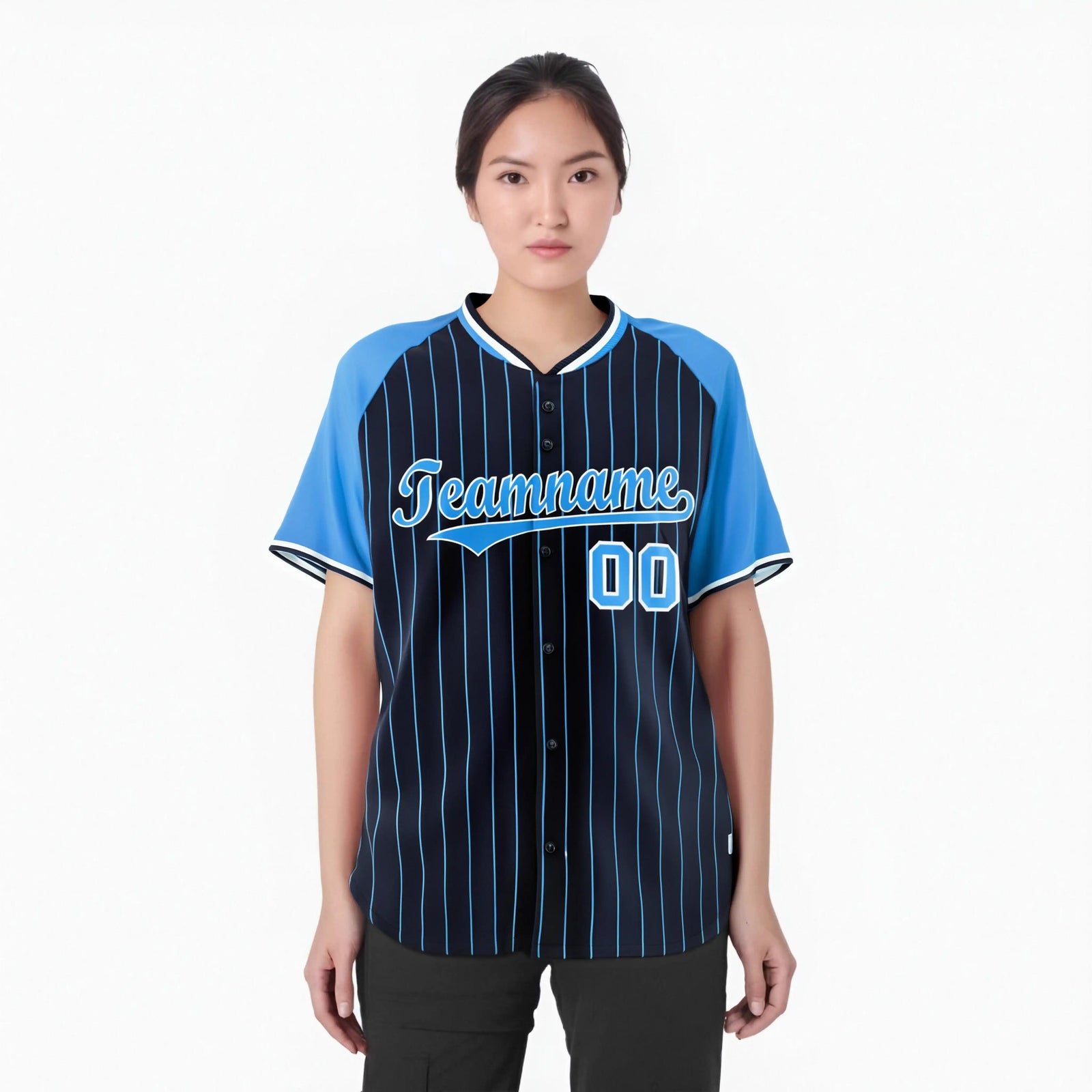 Custom Navy-Light Blue Pinstripe Authentic Raglan Sleeves Baseball Jersey