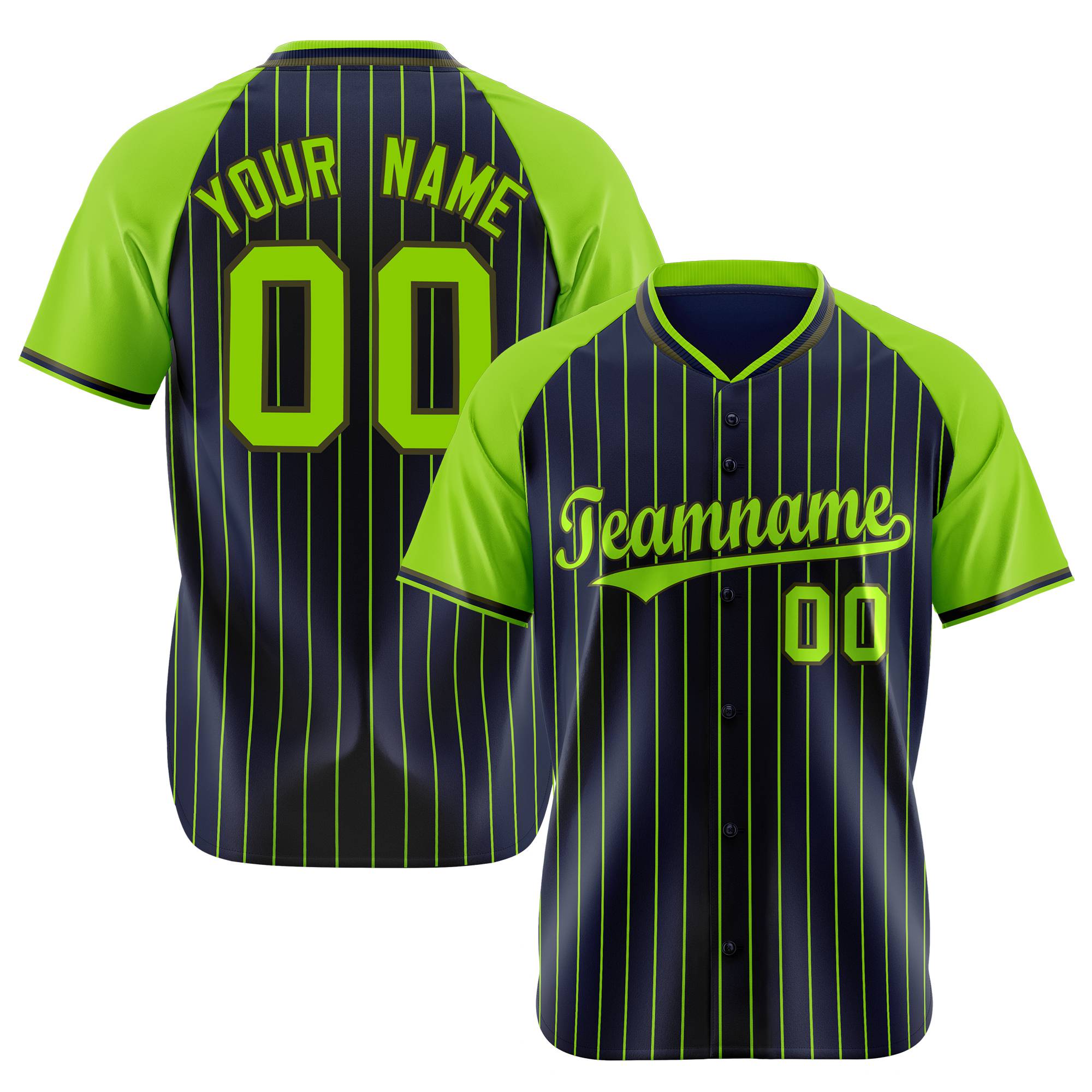 Custom Navy-Neon Green Pinstripe Authentic Raglan Sleeves Baseball Jersey