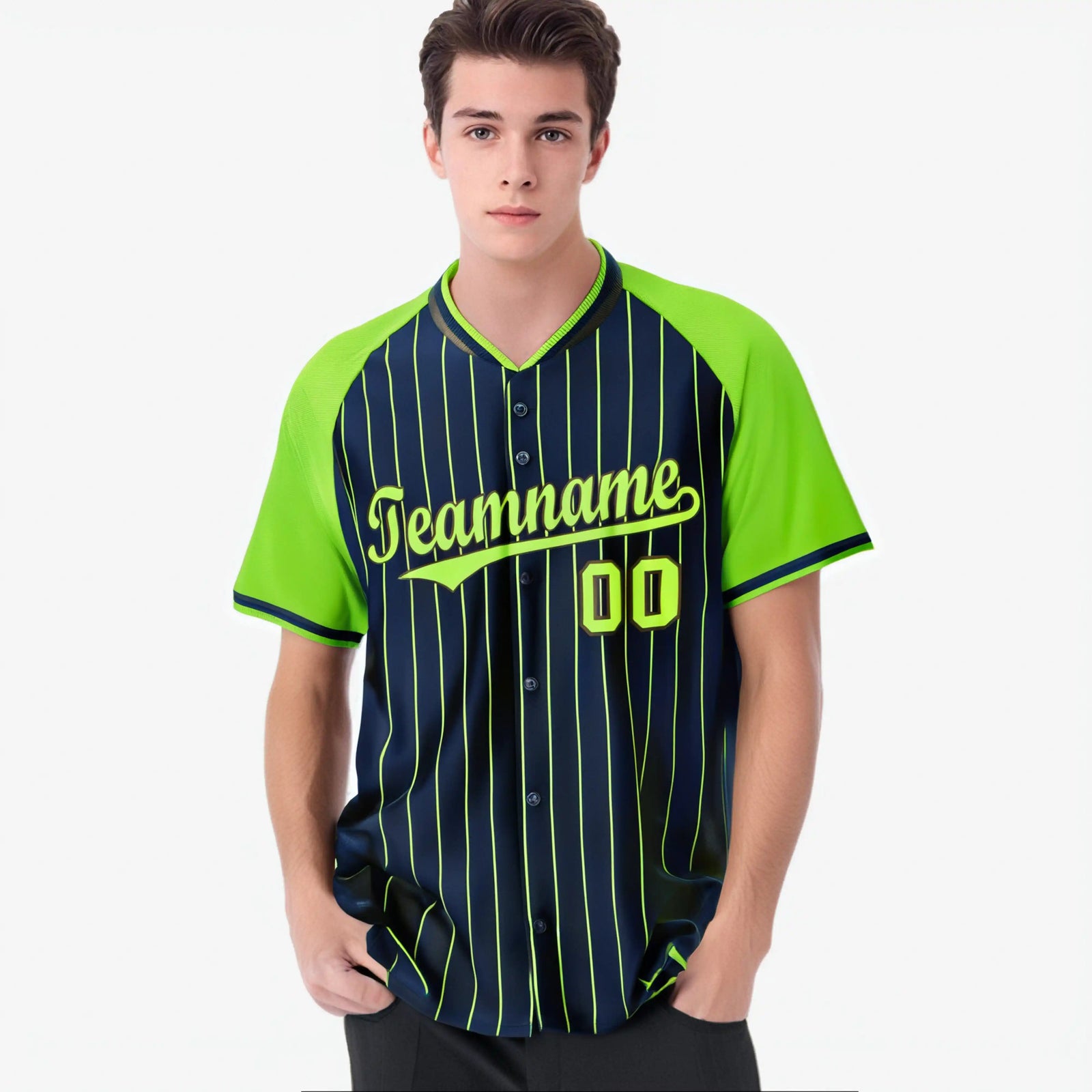 Custom Navy-Neon Green Pinstripe Authentic Raglan Sleeves Baseball Jersey