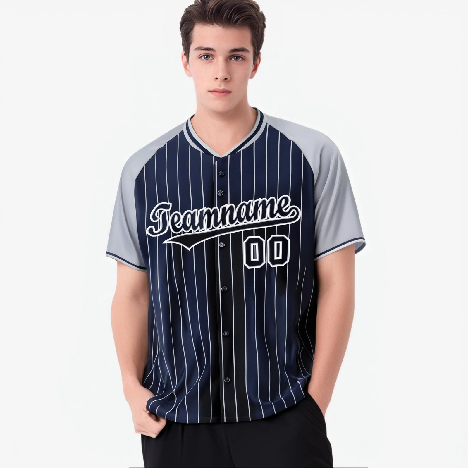 Custom Navy Gray Pinstripe Gray-Navy Authentic Raglan Sleeves Baseball Jersey