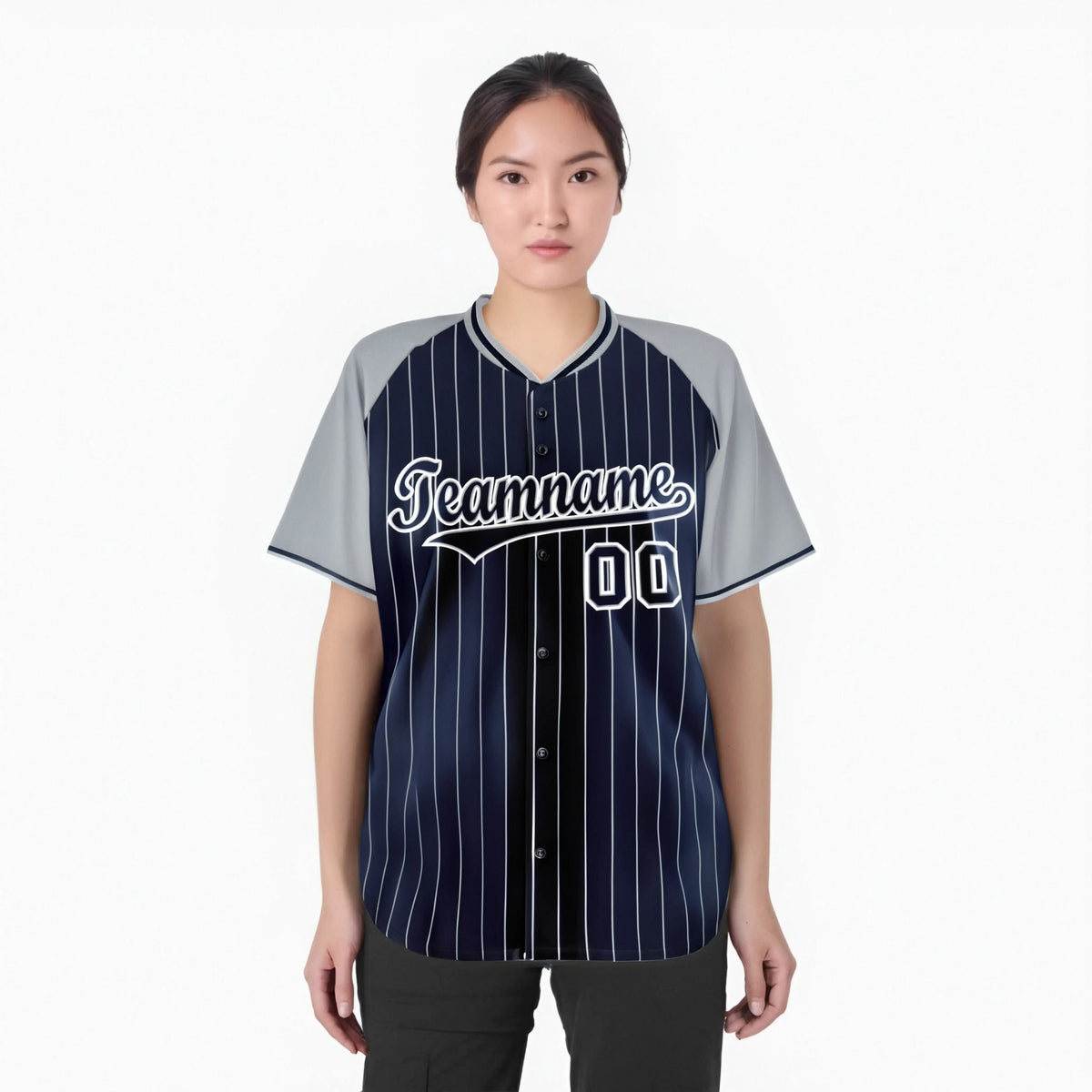 Custom Navy Gray Pinstripe Gray-Navy Authentic Raglan Sleeves Baseball Jersey