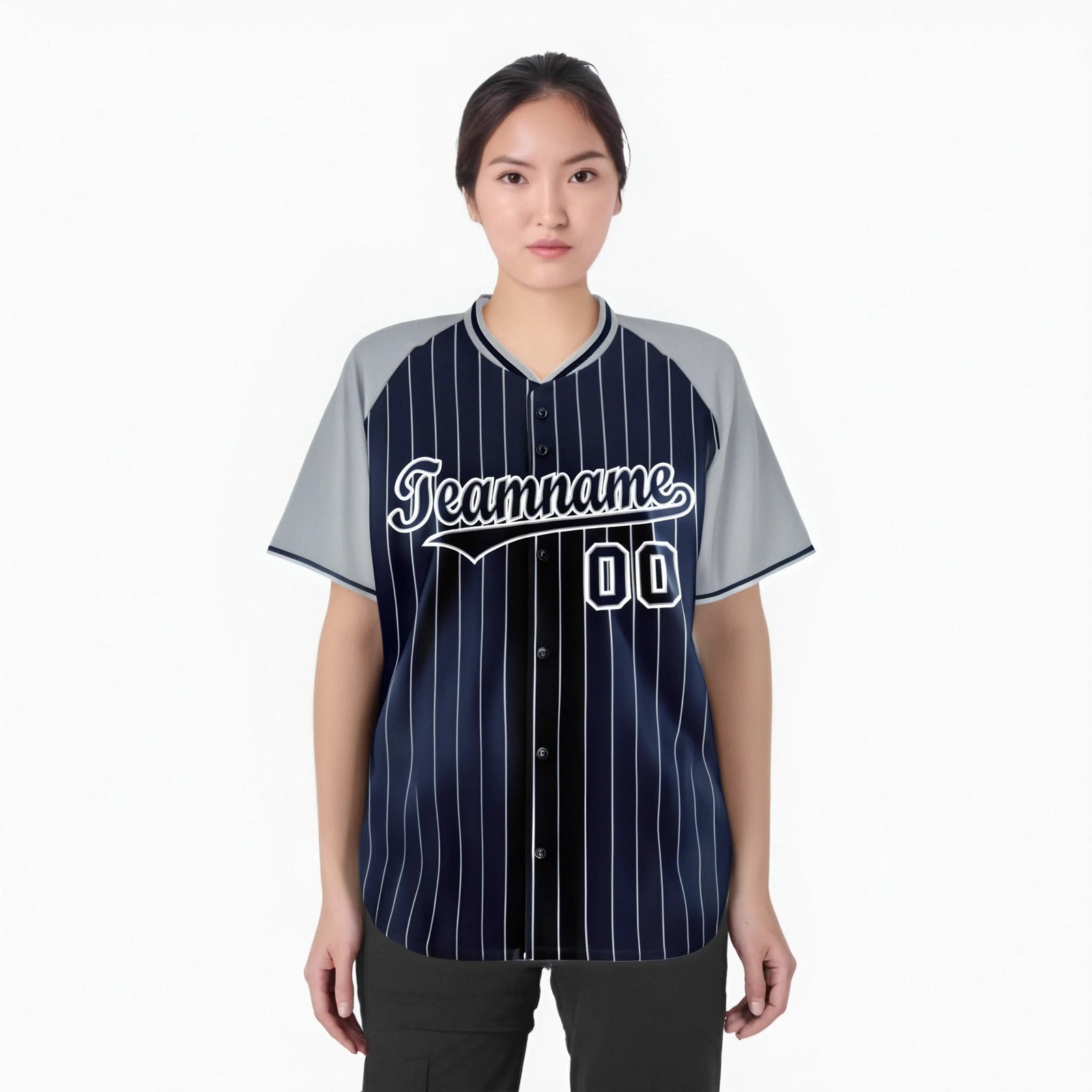 Custom Navy Gray Pinstripe Gray-Navy Authentic Raglan Sleeves Baseball Jersey