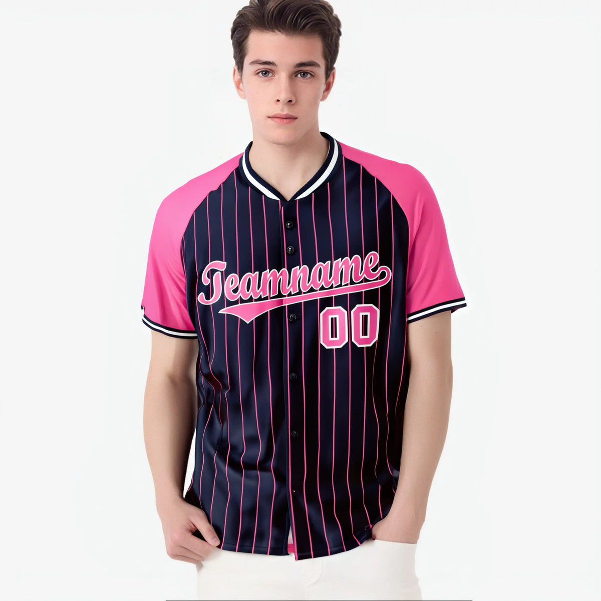 Custom Navy Pink Pinstripe Pink-Navy Authentic Raglan Sleeves Baseball Jersey