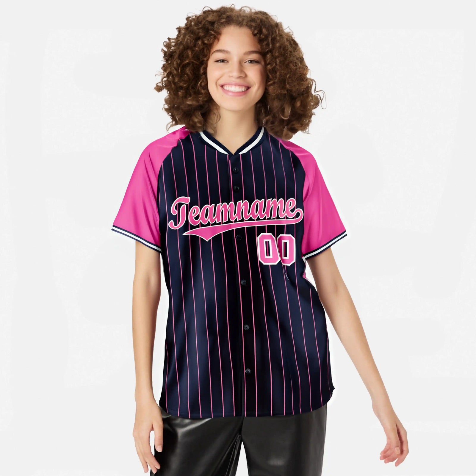 Custom Navy Pink Pinstripe Pink-Navy Authentic Raglan Sleeves Baseball Jersey