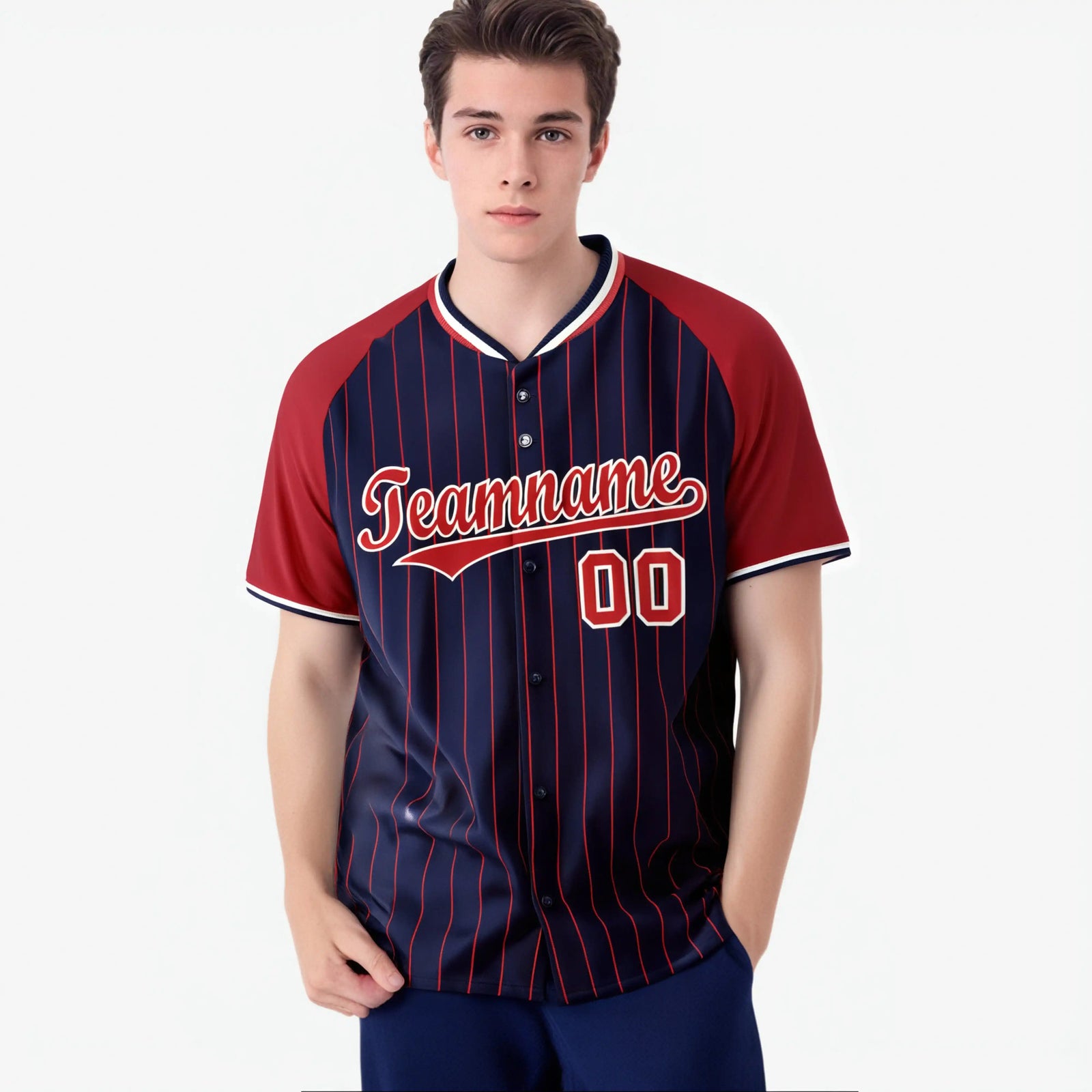 Custom Navy Red Pinstripe Red-Navy Authentic Raglan Sleeves Baseball Jersey