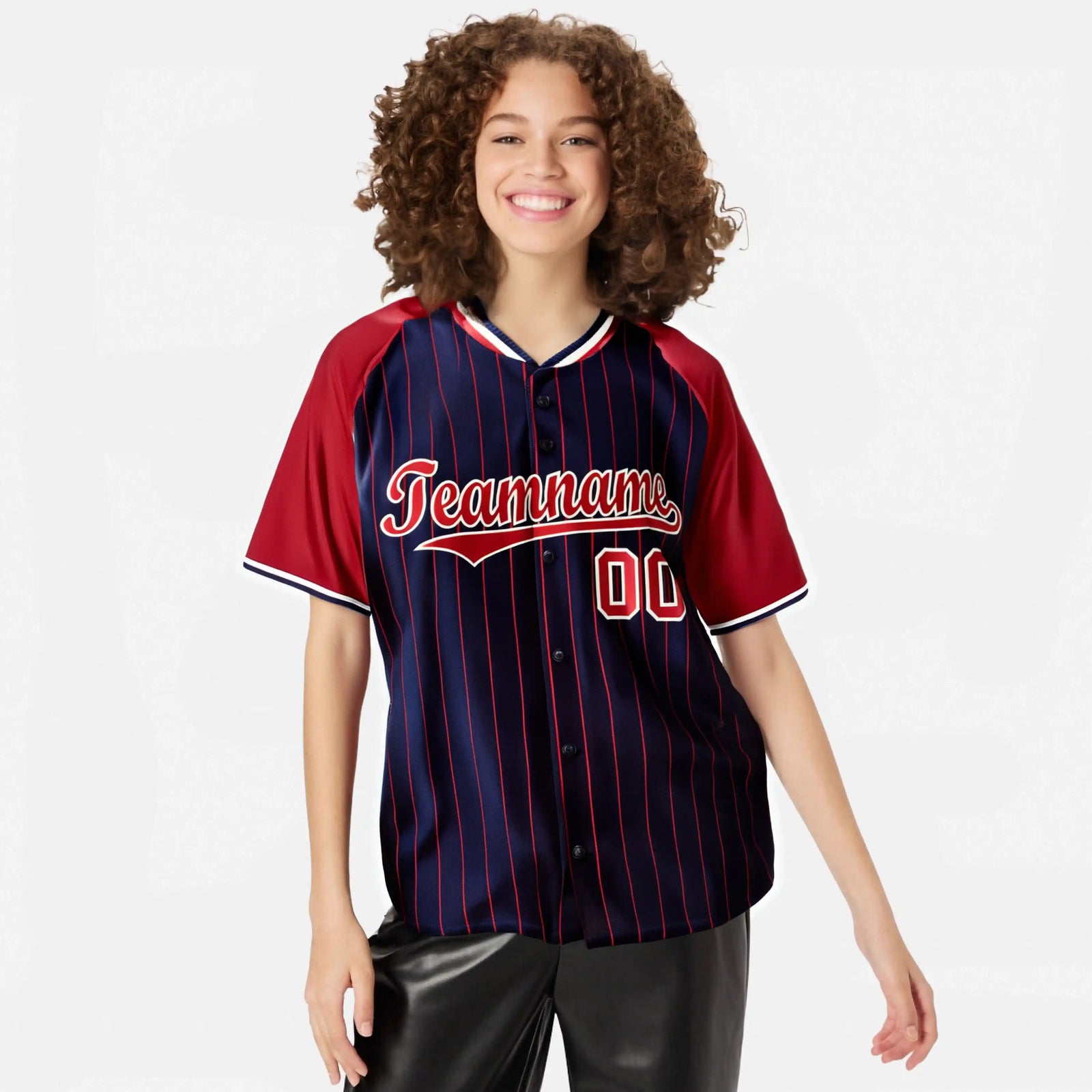 Custom Navy Red Pinstripe Red-Navy Authentic Raglan Sleeves Baseball Jersey
