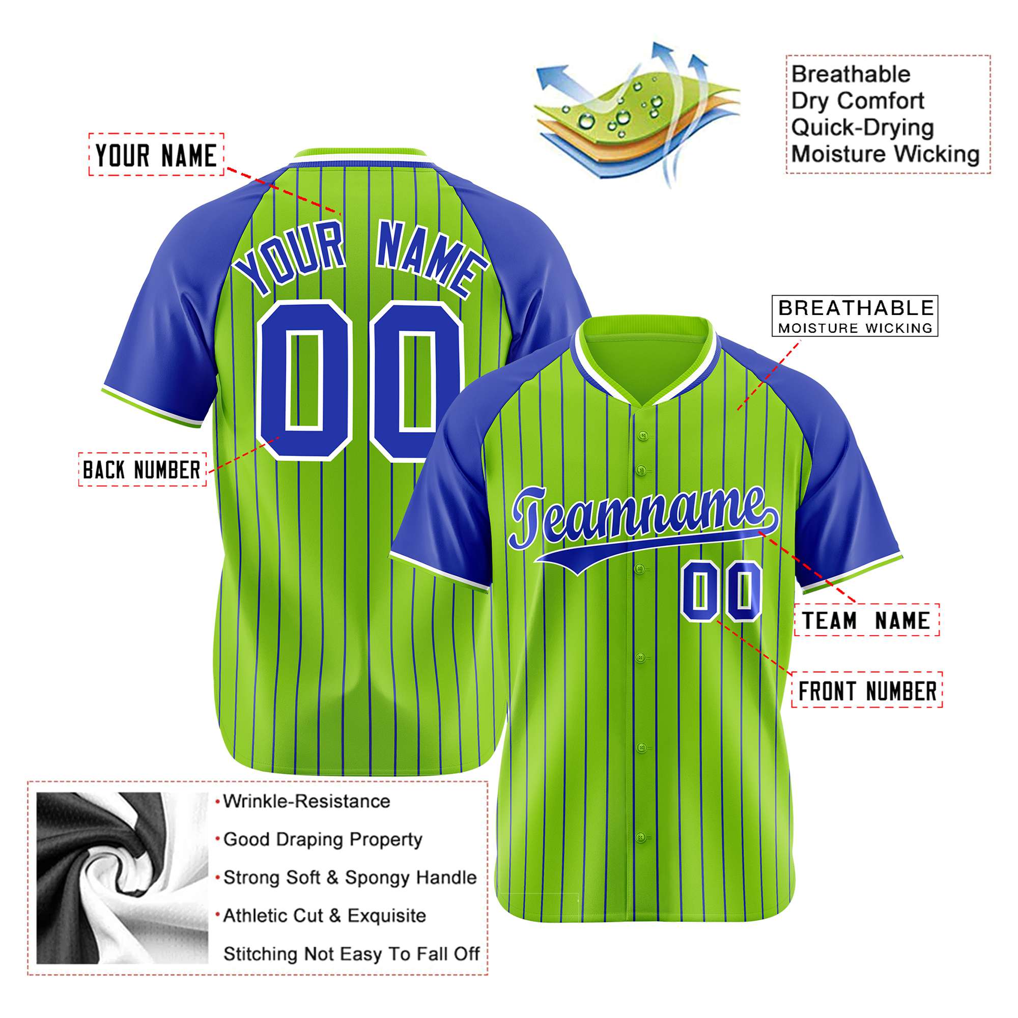 Custom Neon Green-Royal Blue Pinstripe Authentic Raglan Sleeves Baseball Jersey