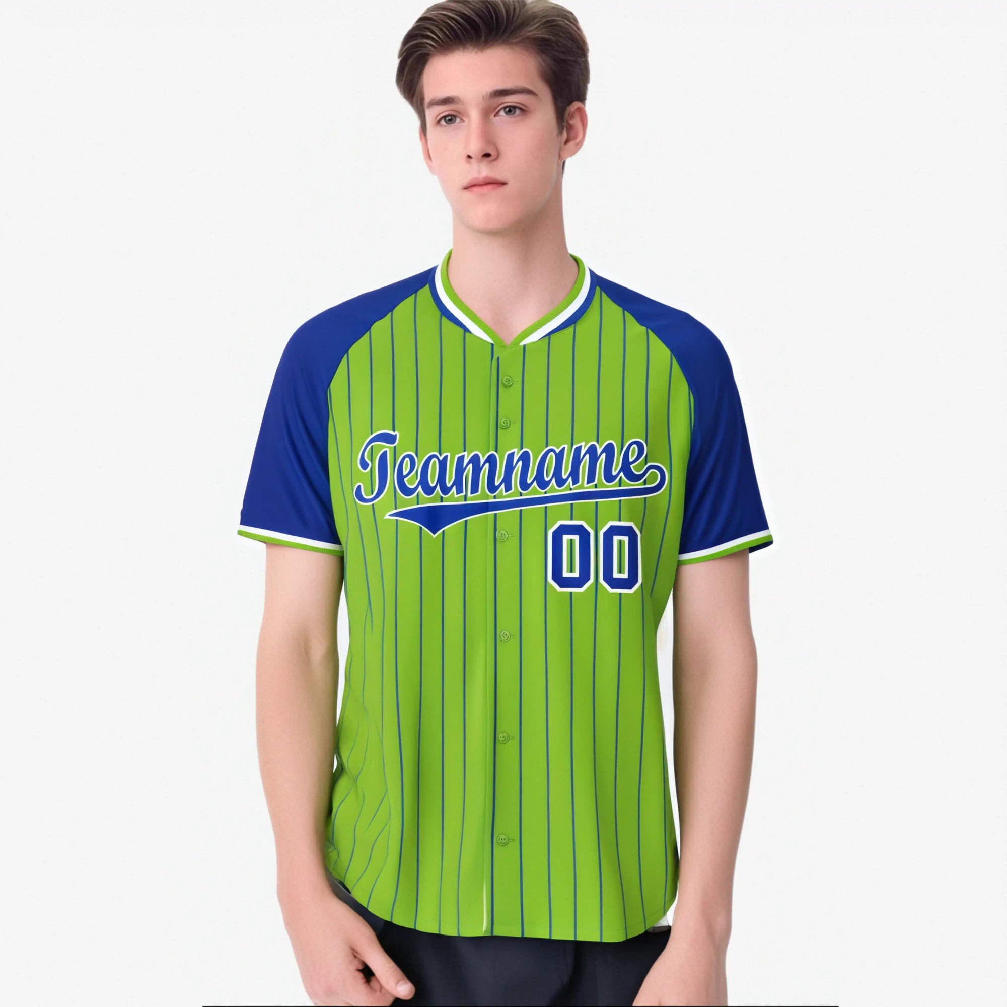 Custom Neon Green-Royal Blue Pinstripe Authentic Raglan Sleeves Baseball Jersey