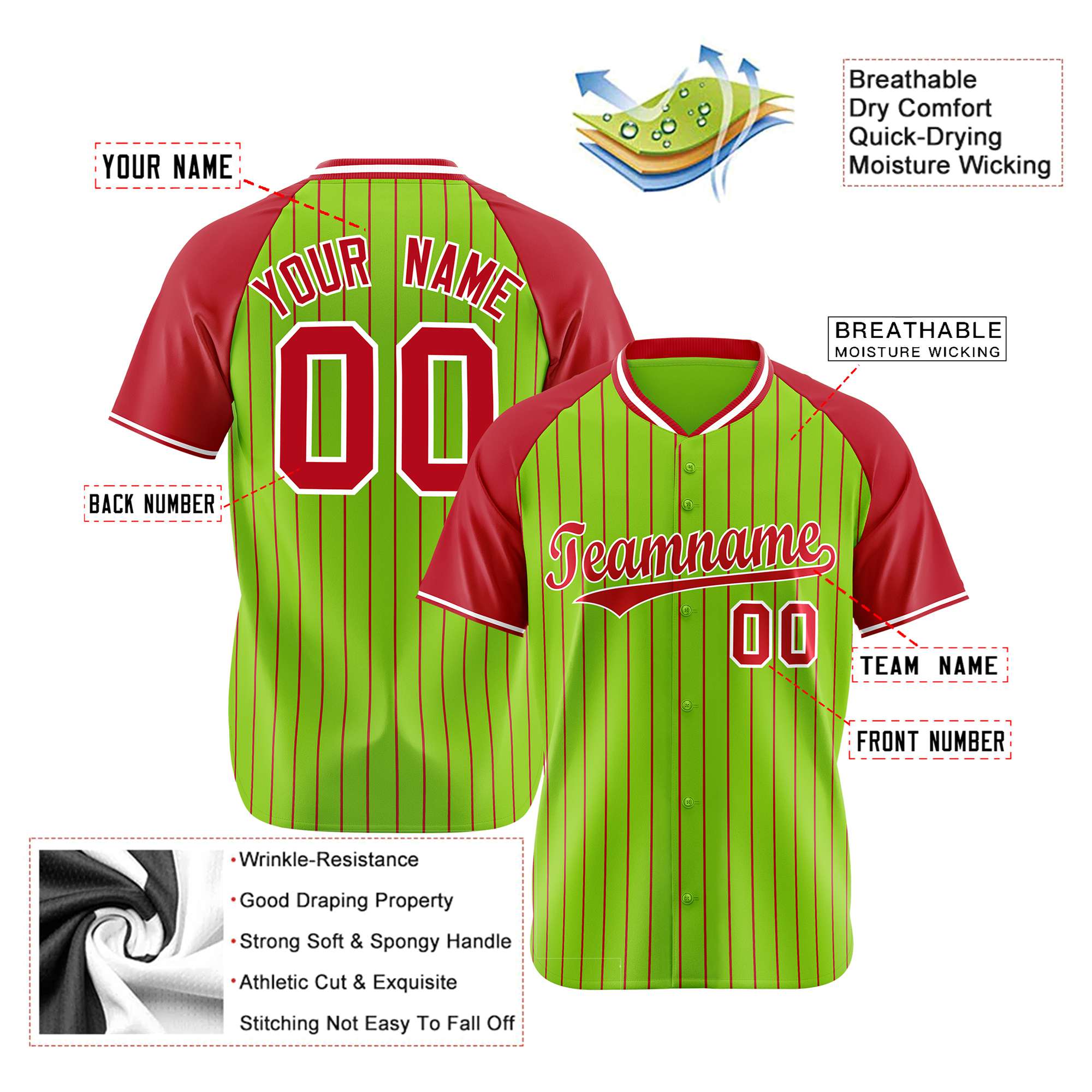 Custom Neon Green Red Pinstripe Red Neon-Green Authentic Raglan Sleeves Baseball Jersey