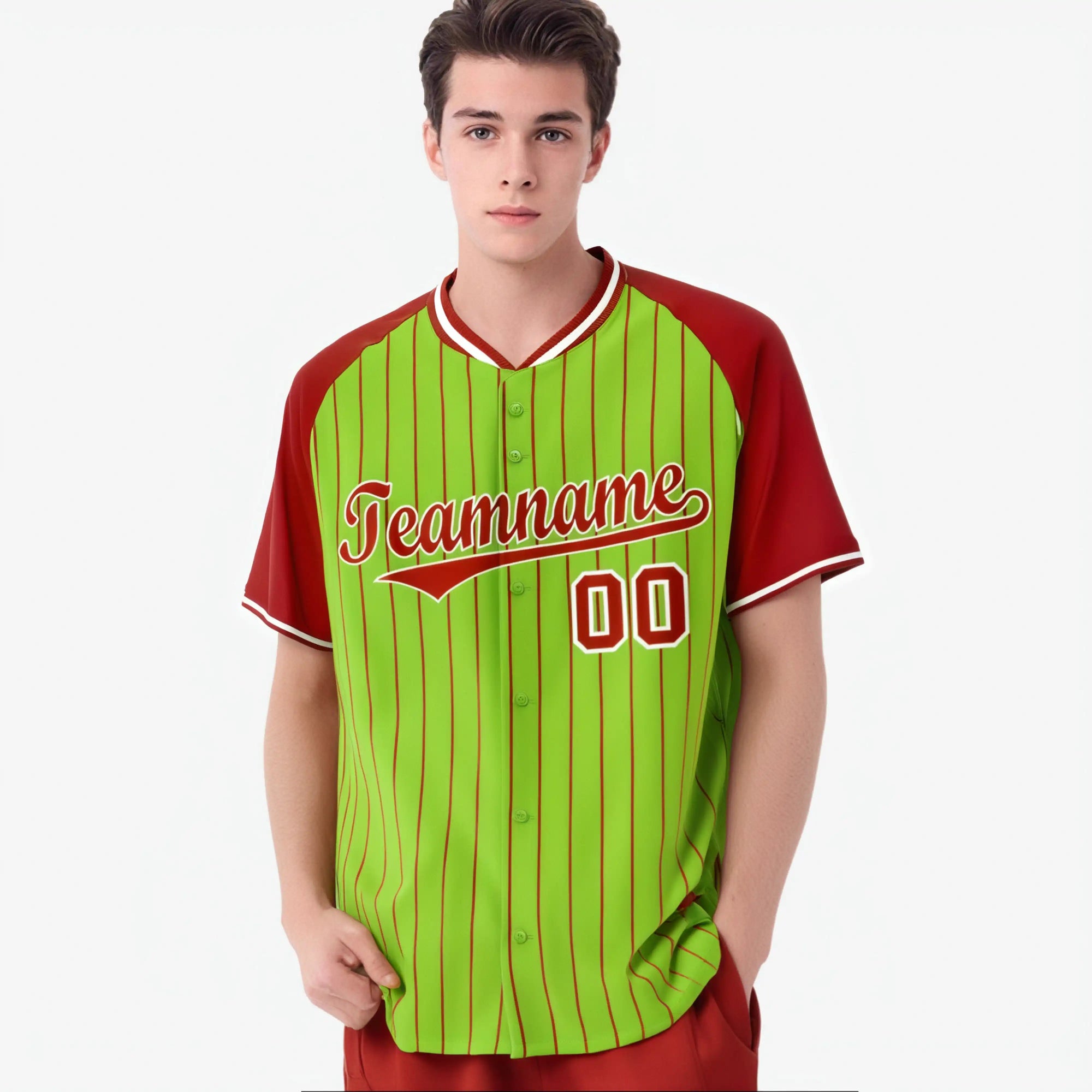 Custom Neon Green Red Pinstripe Red Neon-Green Authentic Raglan Sleeves Baseball Jersey