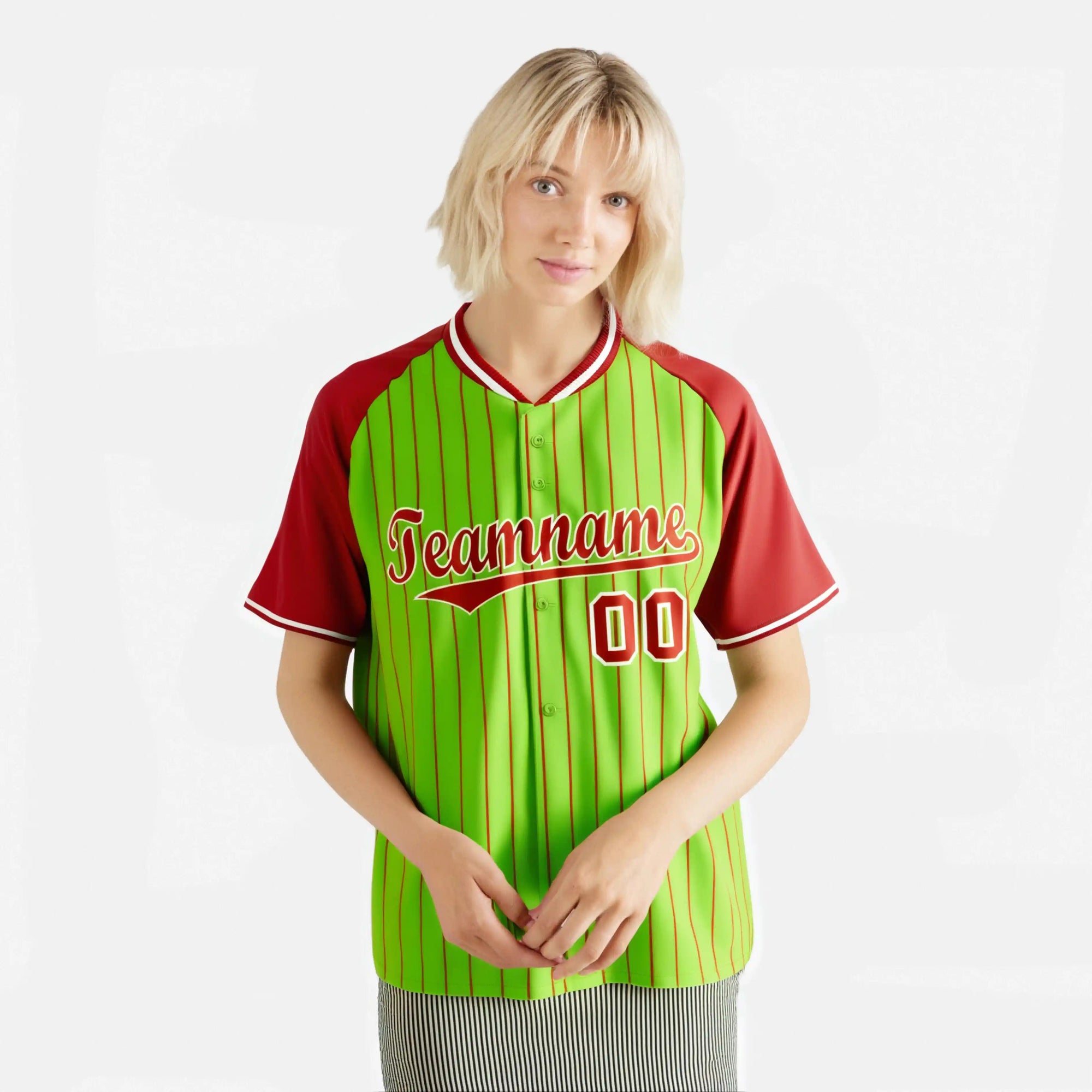 Custom Neon Green Red Pinstripe Red Neon-Green Authentic Raglan Sleeves Baseball Jersey