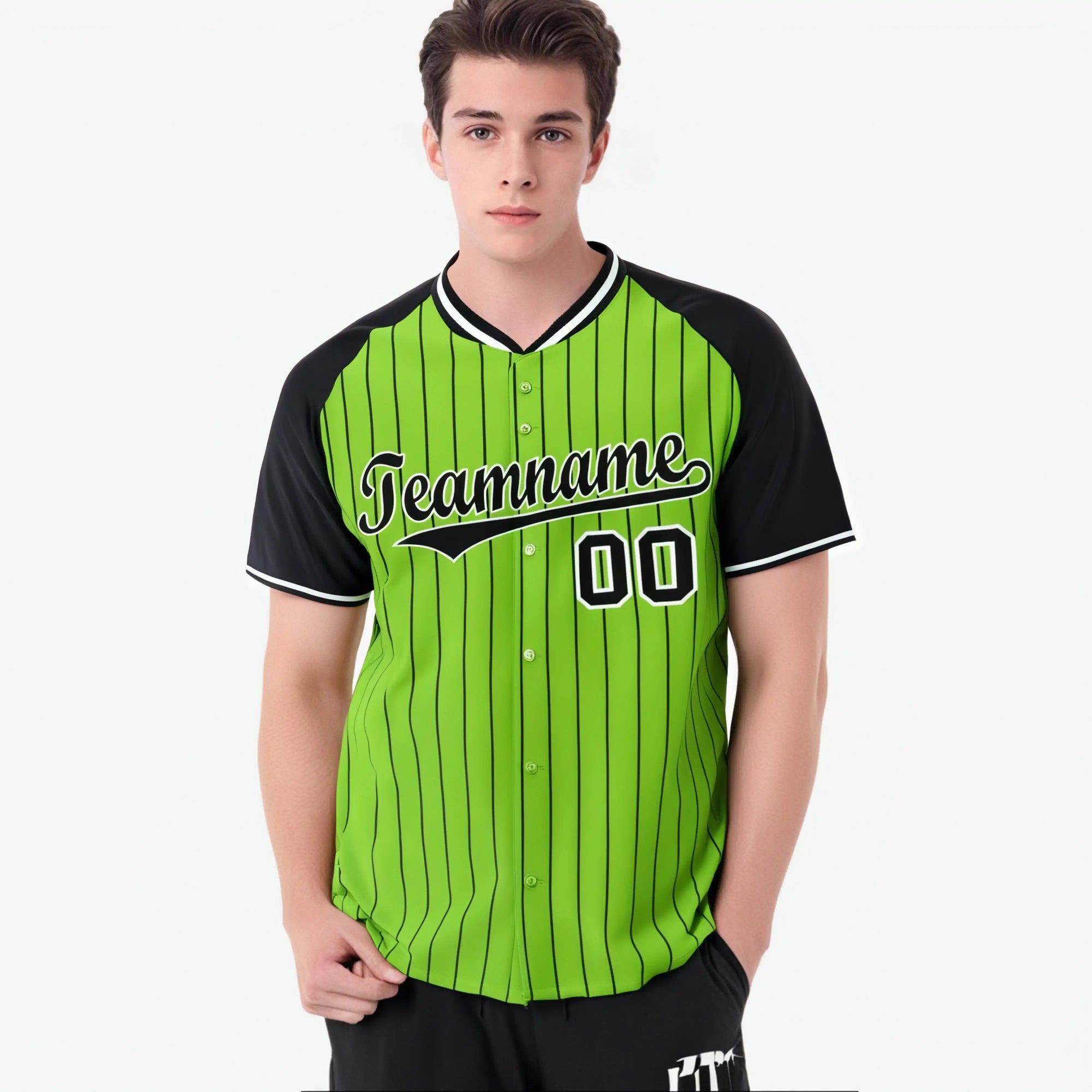 Custom Neon Green-Black Pinstripe Black Neon Green Authentic Raglan Sleeves Baseball Jersey