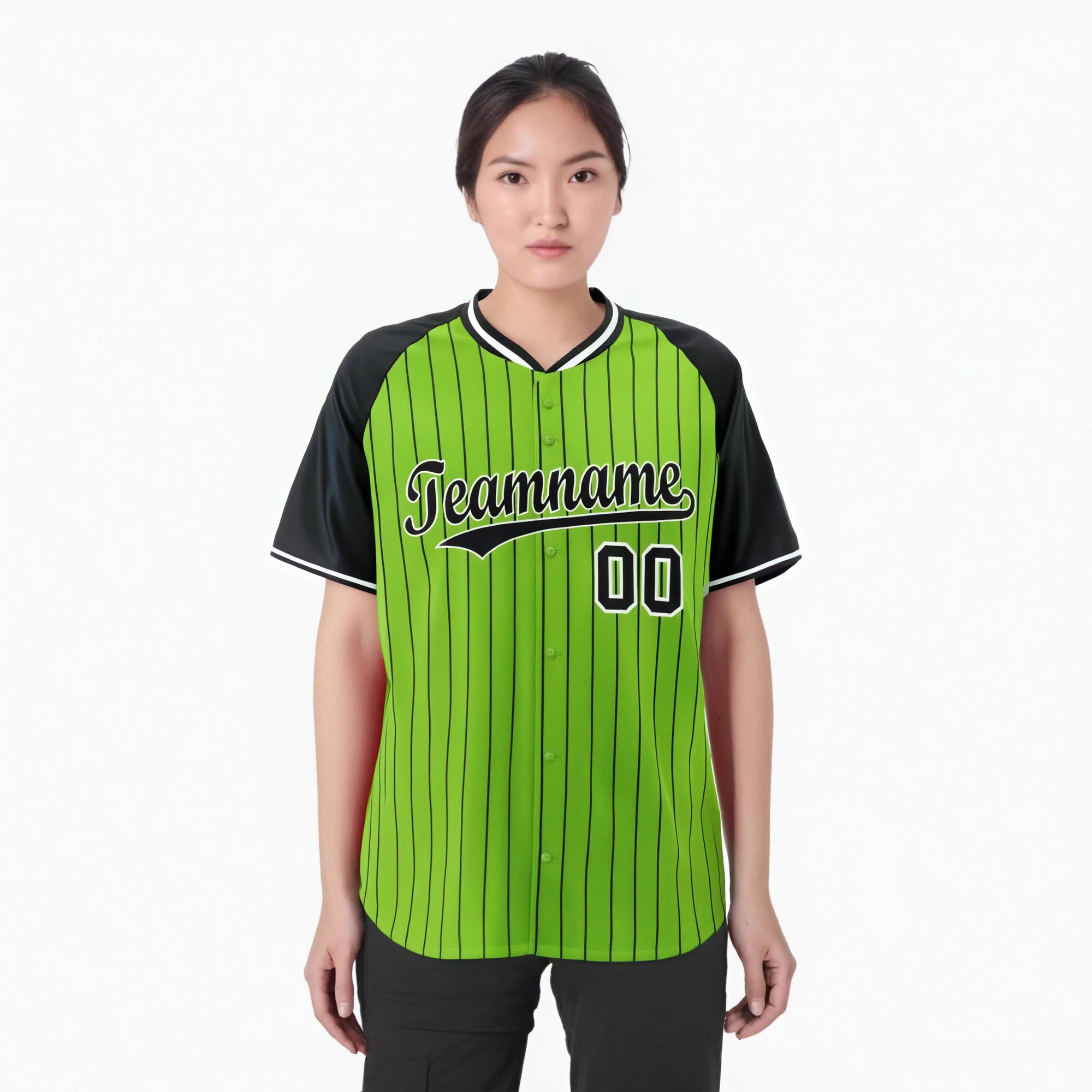 Custom Neon Green-Black Pinstripe Black Neon Green Authentic Raglan Sleeves Baseball Jersey