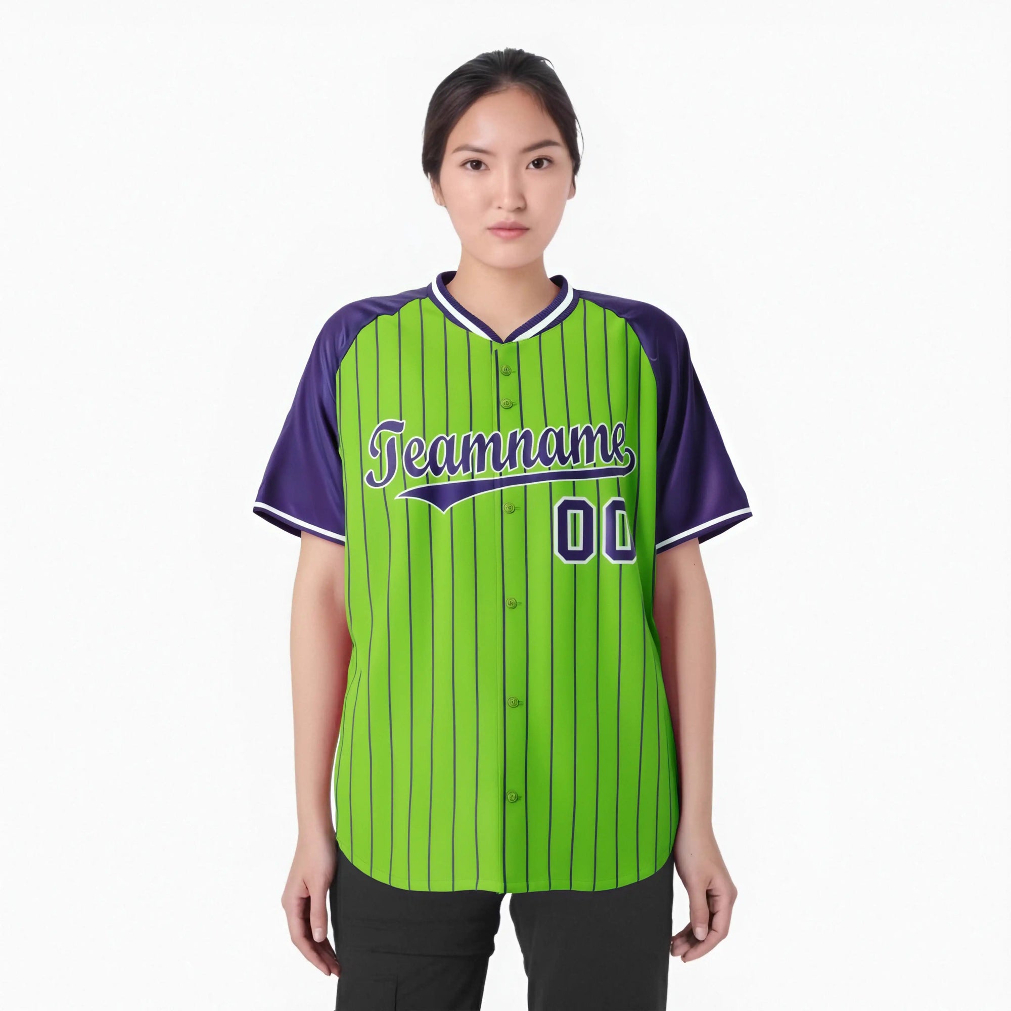 Custom Neon Green-Purple Pinstripe Purple-Neon Green Authentic Raglan Sleeves Baseball Jersey