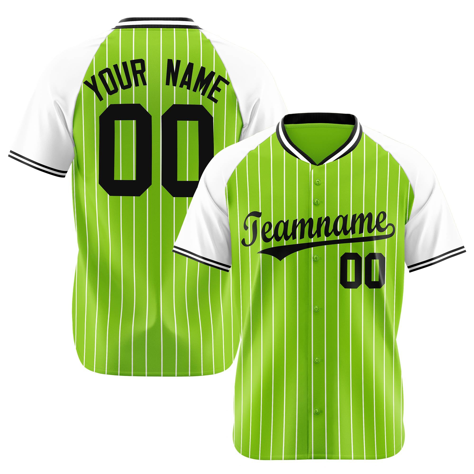 Custom Neon Green White Pinstripe Authentic Raglan Sleeves Baseball Jersey