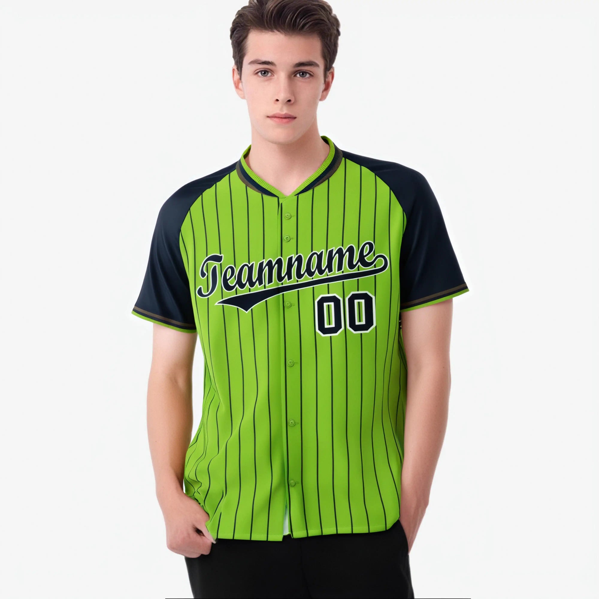 Custom Neon Green Navy Pinstripe Authentic Raglan Sleeves Baseball Jersey