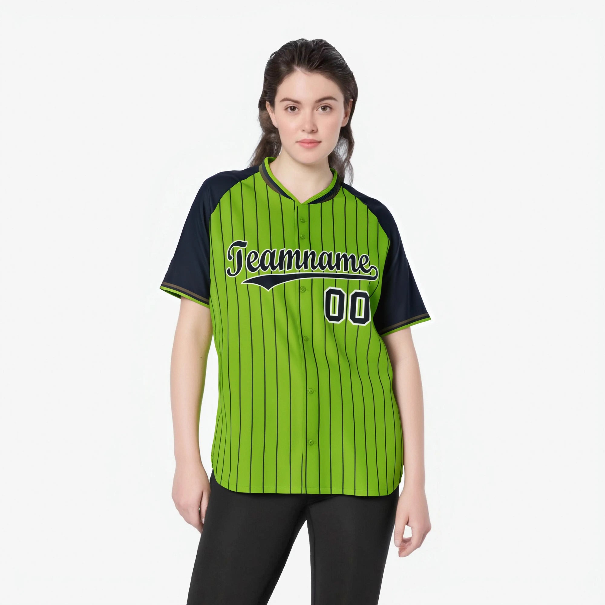 Custom Neon Green Navy Pinstripe Authentic Raglan Sleeves Baseball Jersey