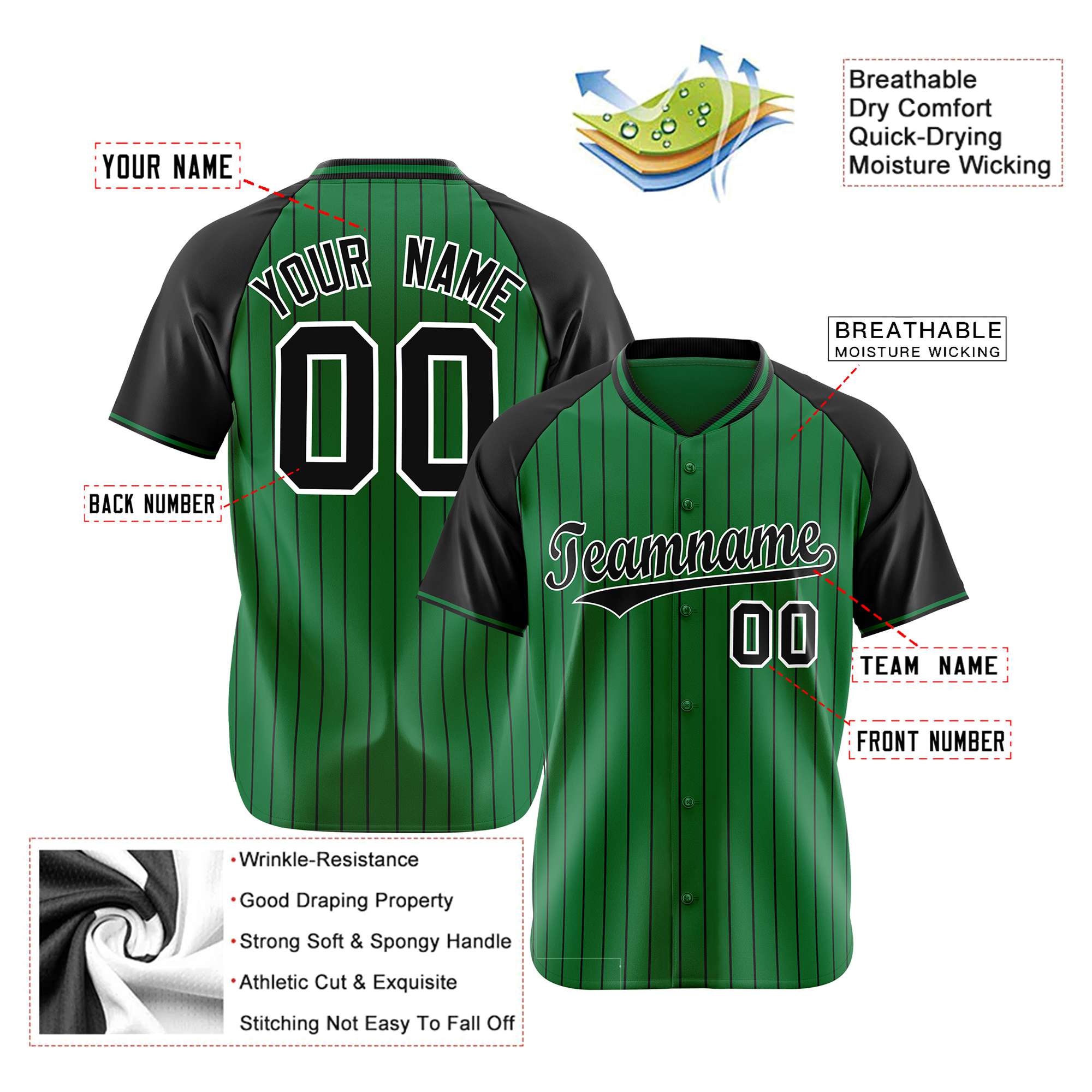 Custom Kelly Green Black Pinstripe Authentic Raglan Sleeves Baseball Jersey