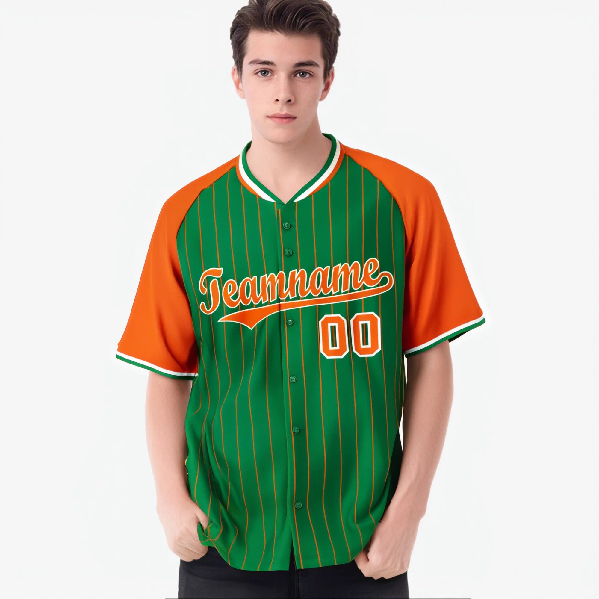 Custom Kelly Green Orange Pinstripe Authentic Raglan Sleeves Baseball Jersey