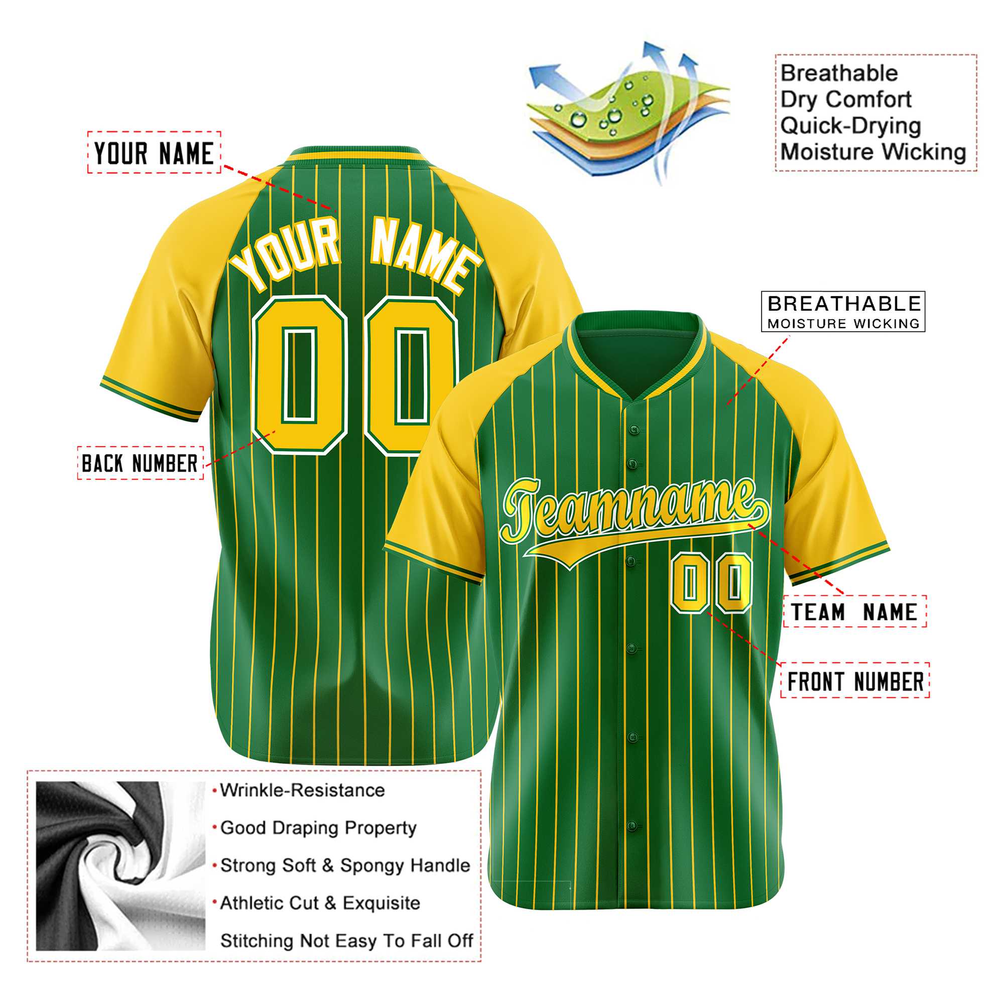 Custom Kelly Green-Yellow Pinstripe Authentic Raglan Sleeves Baseball Jersey