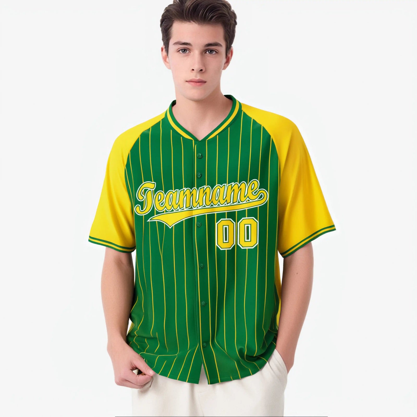 Custom Kelly Green-Yellow Pinstripe Authentic Raglan Sleeves Baseball Jersey