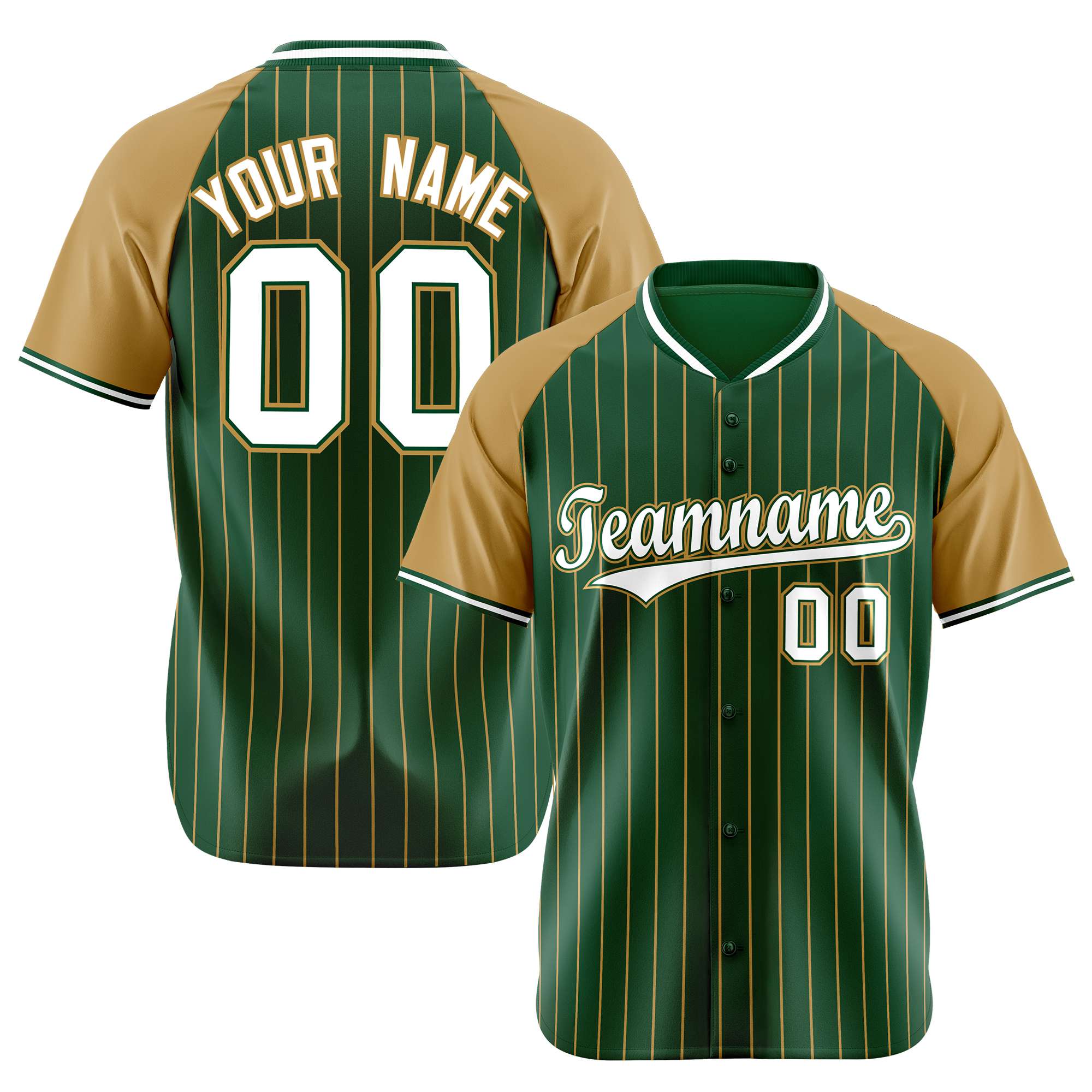 Custom Green-Old Gold Pinstripe Authentic Raglan Sleeves Baseball Jersey