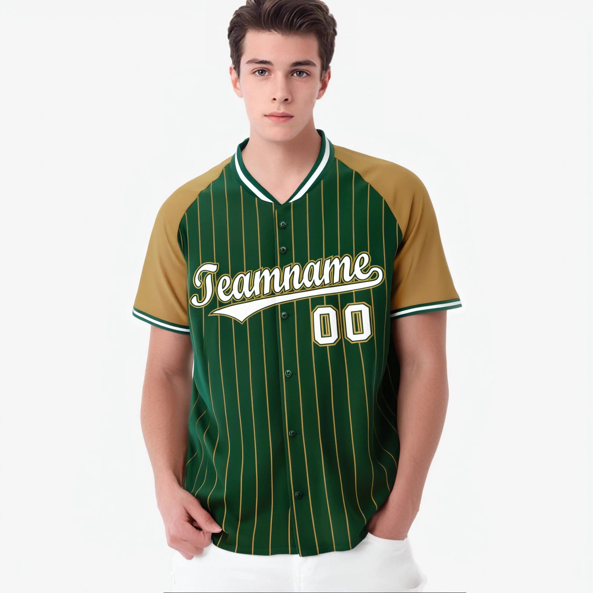 Custom Green-Old Gold Pinstripe Authentic Raglan Sleeves Baseball Jersey