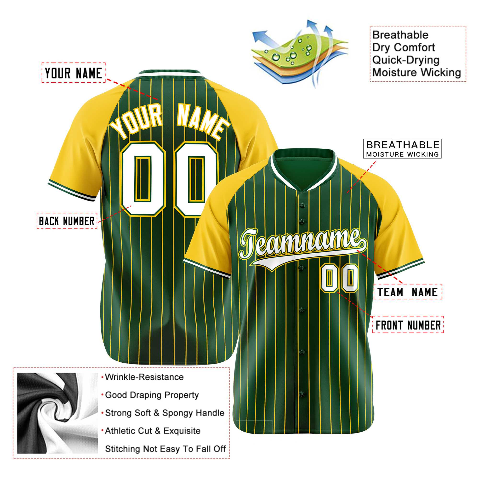 Custom Green Gold Pinstripe Authentic Raglan Sleeves Baseball Jersey