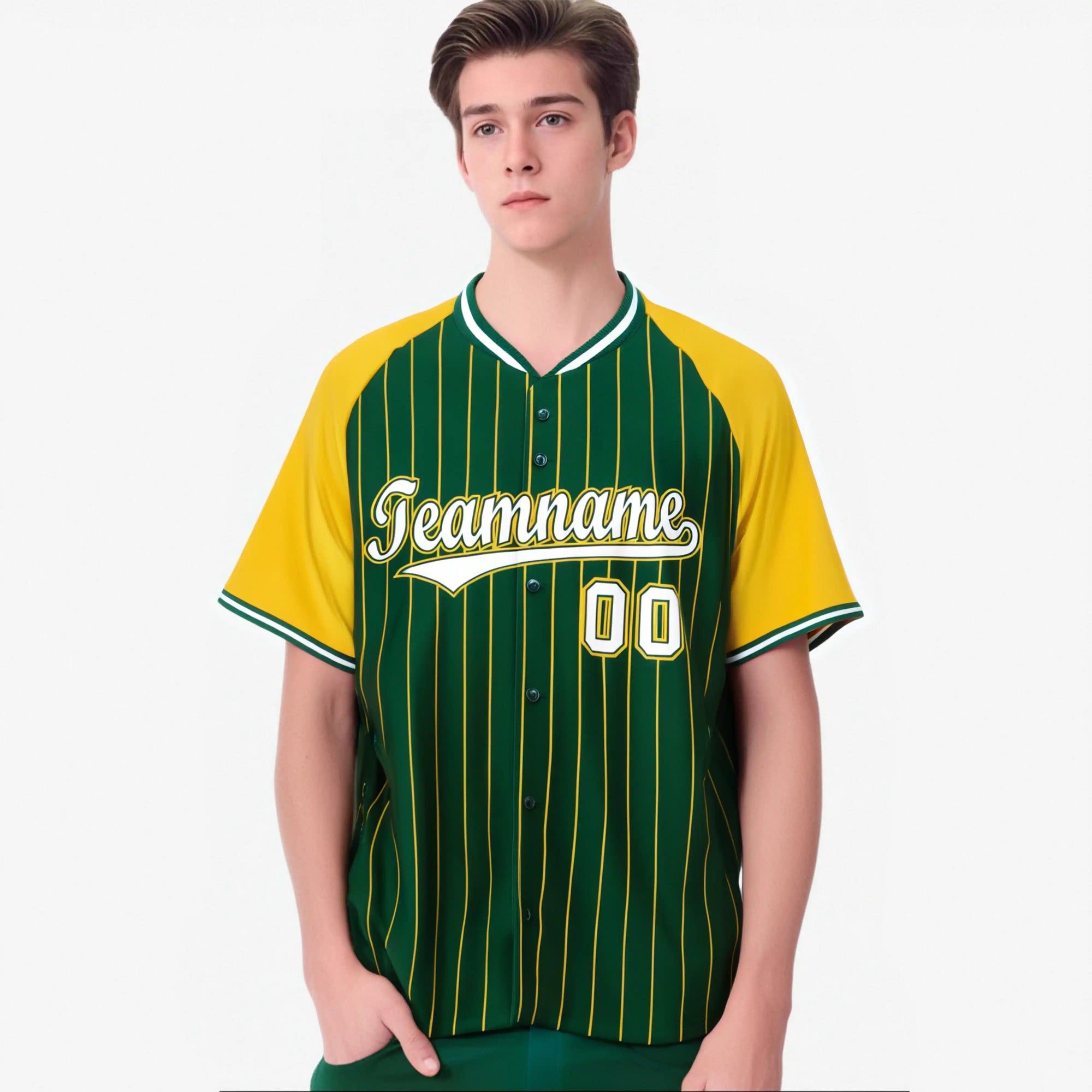 Custom Green Gold Pinstripe Authentic Raglan Sleeves Baseball Jersey