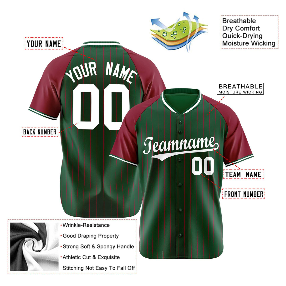 Custom Green Crimson Pinstripe Authentic Raglan Sleeves Baseball Jersey