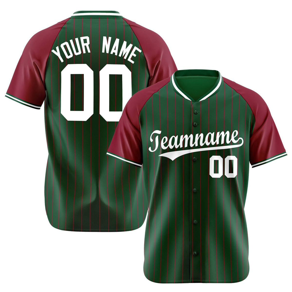 Custom Green Crimson Pinstripe Authentic Raglan Sleeves Baseball Jersey