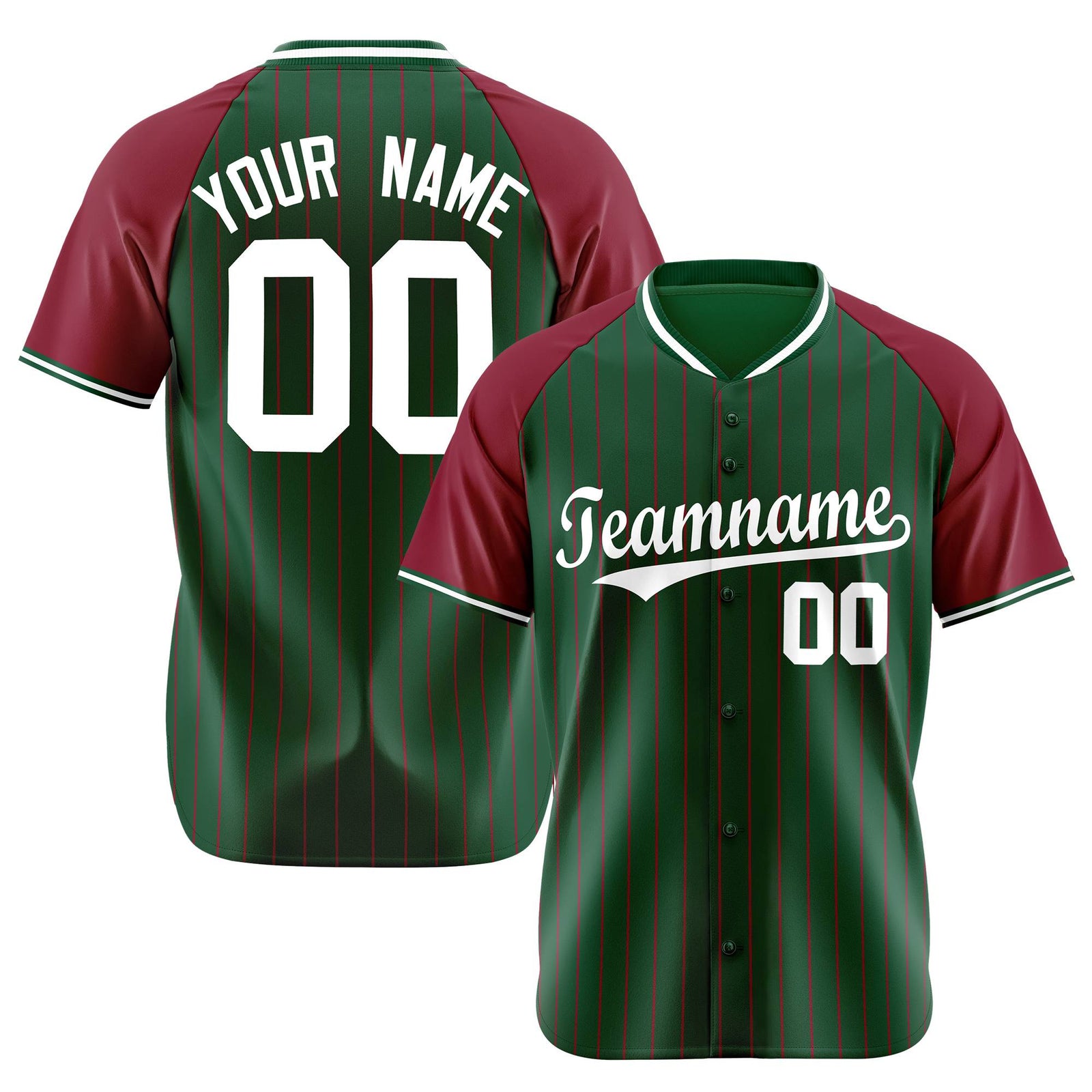 Custom Green Crimson Pinstripe Authentic Raglan Sleeves Baseball Jersey